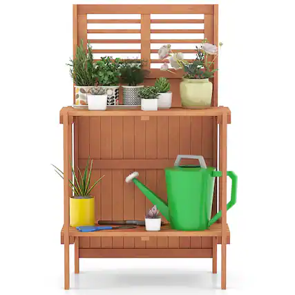Front. Costway - Wood Potting Bench Waterproof Garden Table with 2-Tier Open Storage Shelf - Natural.