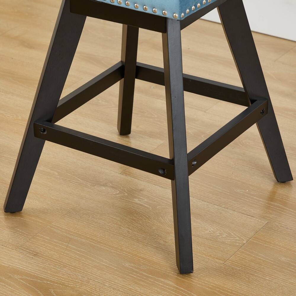 Alt View 9. Loheer - Loheer Swivel Velvet Barstools Set of 2 Light Blue Button Tufted Bar Chairs Wooden Legs Chrome Nailhead Trim - Light Blue.