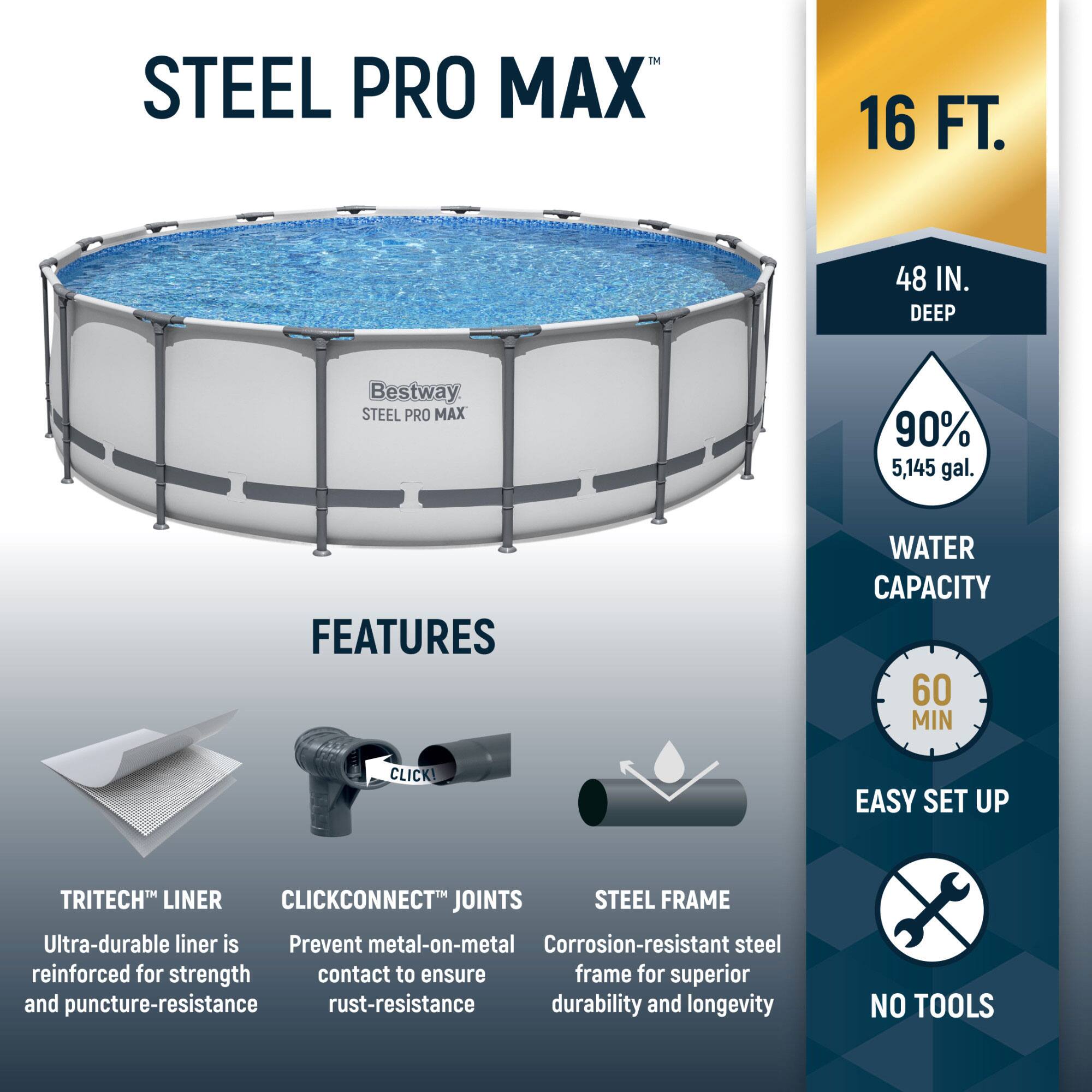 **STEEL PRO MAX**

**16 FT. 48 IN. DEEP**

**Bestway STEEL PRO MAX**

**FEATURES**

- **TRITECH™ LINER**
  - Ultra-durable liner is reinforced for strength and puncture-resistance

- **CLICKCONNECT™ JOINTS**
  - Prevent metal-on-metal contact to ensure rust-resistance

- **STEEL FRAME**
  - Corrosion-resistant steel frame for superior durability and longevity

**90% WATER CAPACITY**
- 5,145 gal.

**60 MIN EASY SET UP**

**NO TOOLS**