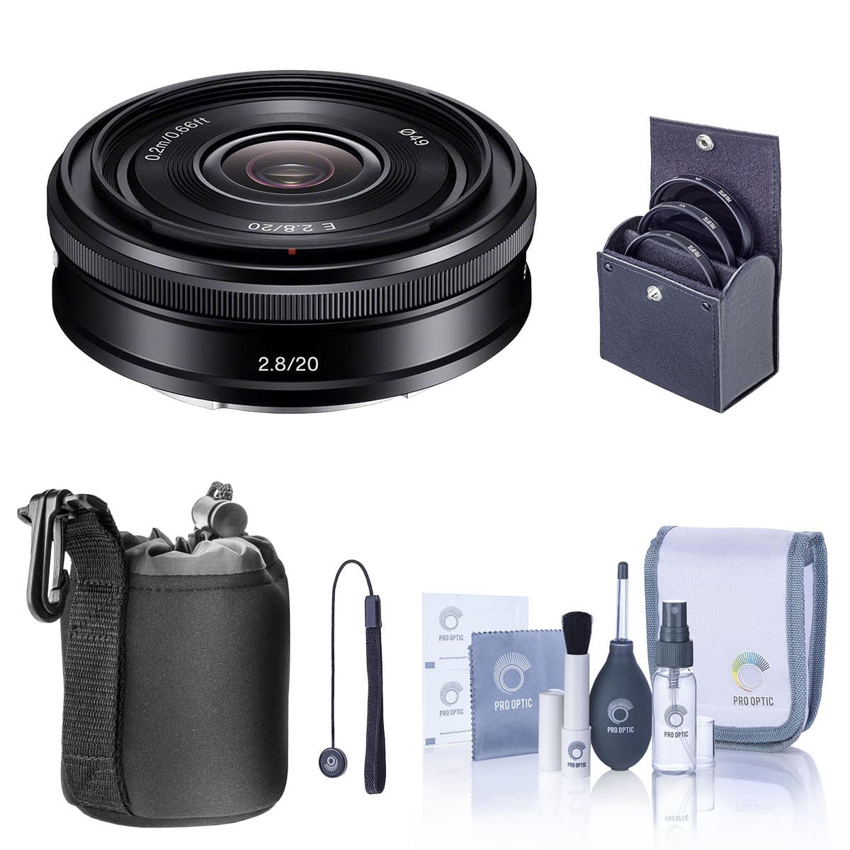 Bundle - E 20mm f/2.8 Lens for Sony E, Black, with 49mm Filter Kit, Lens Case, Cleaning Kit, Lens Cap Tether price history on PriceWatchPro