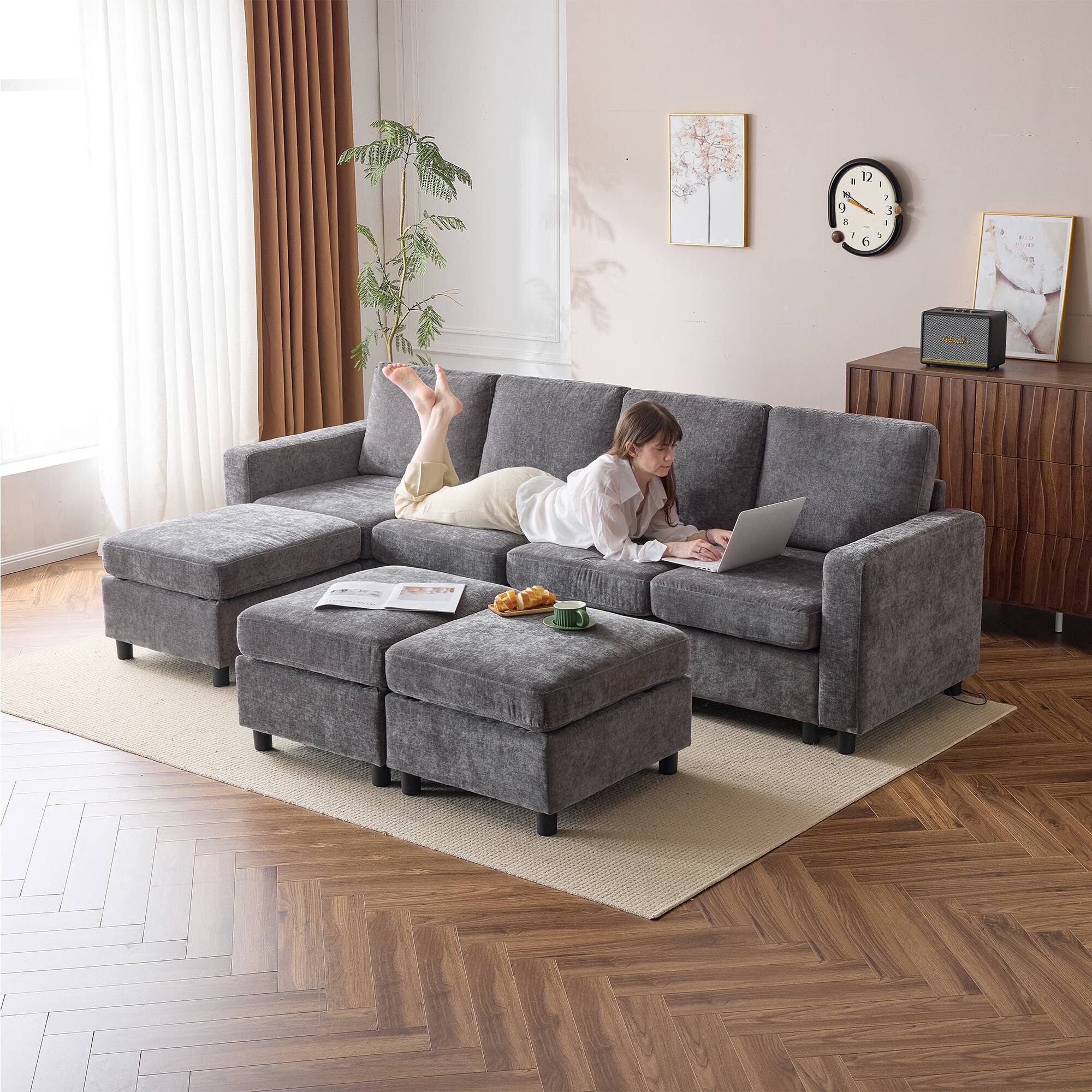 Left. U-HOMY - U-HOMY 6-Piece Modular Sectional Sofa with Storage, Reversible L-Shaped Couch  - Dark Grey.