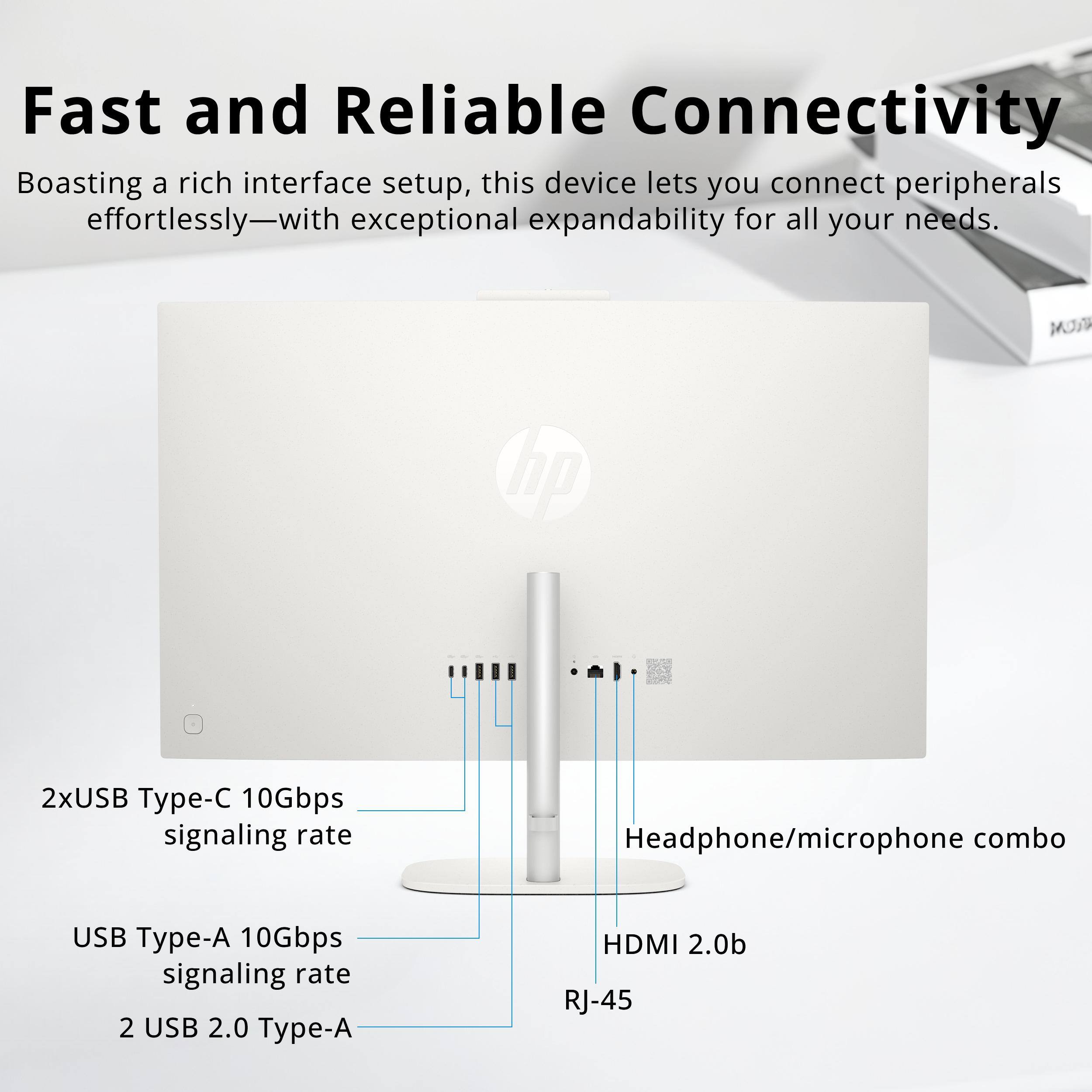 Fast and Reliable Connectivity  
Boasting a rich interface setup, this device lets you connect peripherals effortlessly—with exceptional expandability for all your needs.  

- 2xUSB Type-C 10Gbps signaling rate  
- USB Type-A 10Gbps signaling rate  
- 2 USB 2.0 Type-A  
- Headphone/microphone combo  
- HDMI 2.0b  
- RJ-45