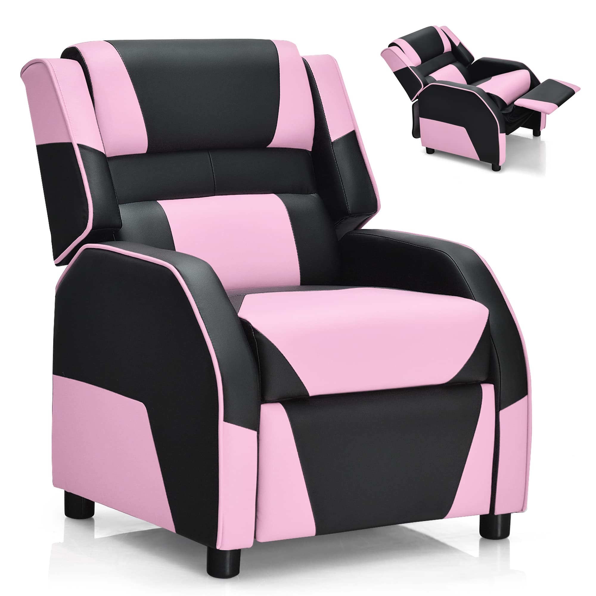Gymax - Gaming Recliner Sofa PU Leather Armchair for Kids Youth w/ Footrest Pink - Pink
