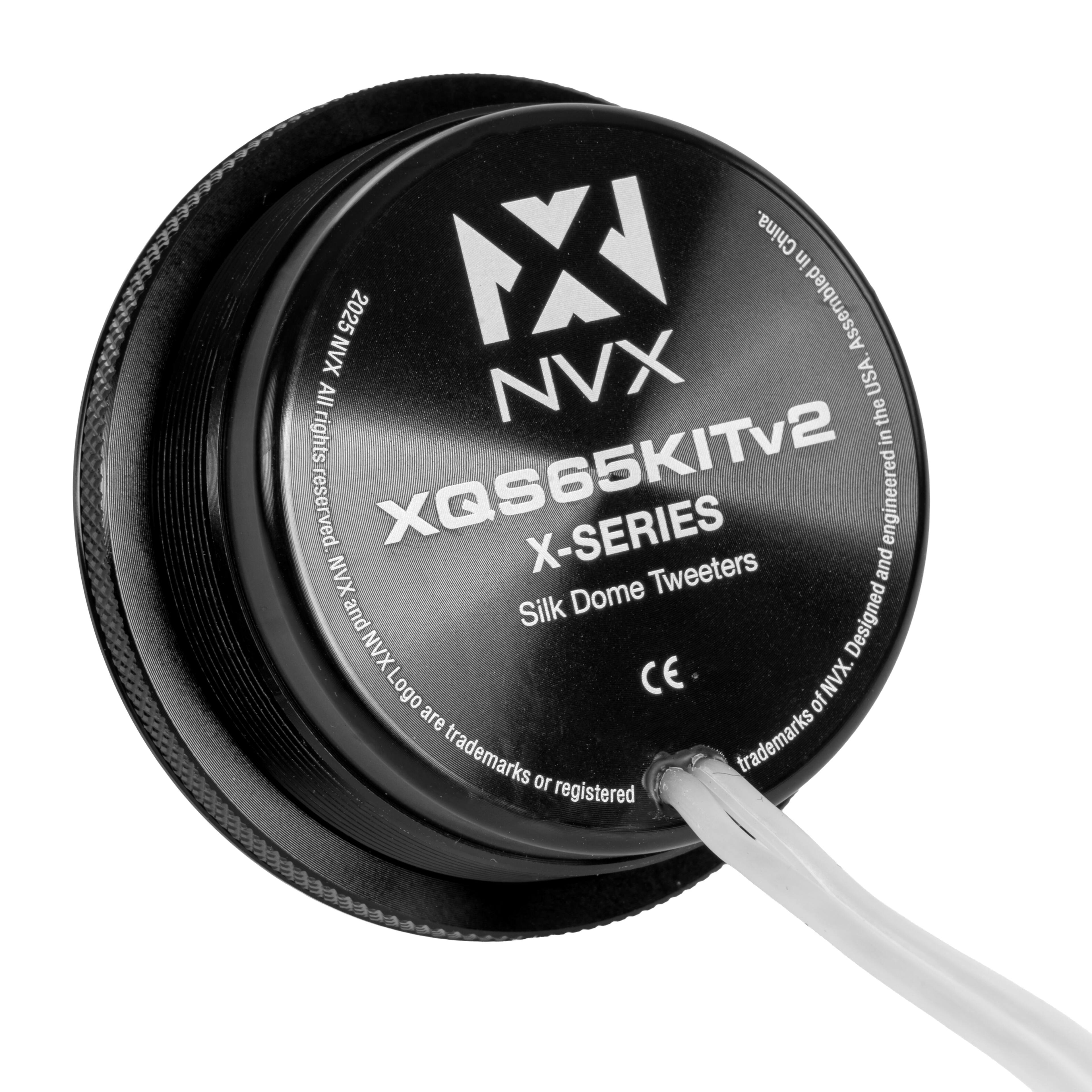 China. NX in 2025 Assembled NVX NVX USA. All the rights reserved. XQS65KITv2 X-SERIES engineered XAN Tweeters and Silk Dome NVX Designed NVX Logo Logo CE of NVX. are trademarks or registered trademarks of NVX.
