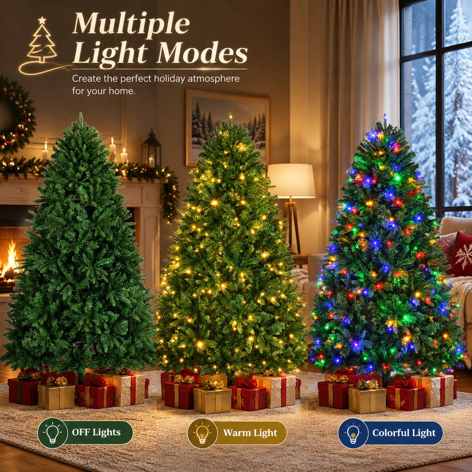 Multiple Light Modes  
Create the perfect holiday atmosphere for your home.  
OFF Lights  
Warm Light  
Colorful Light