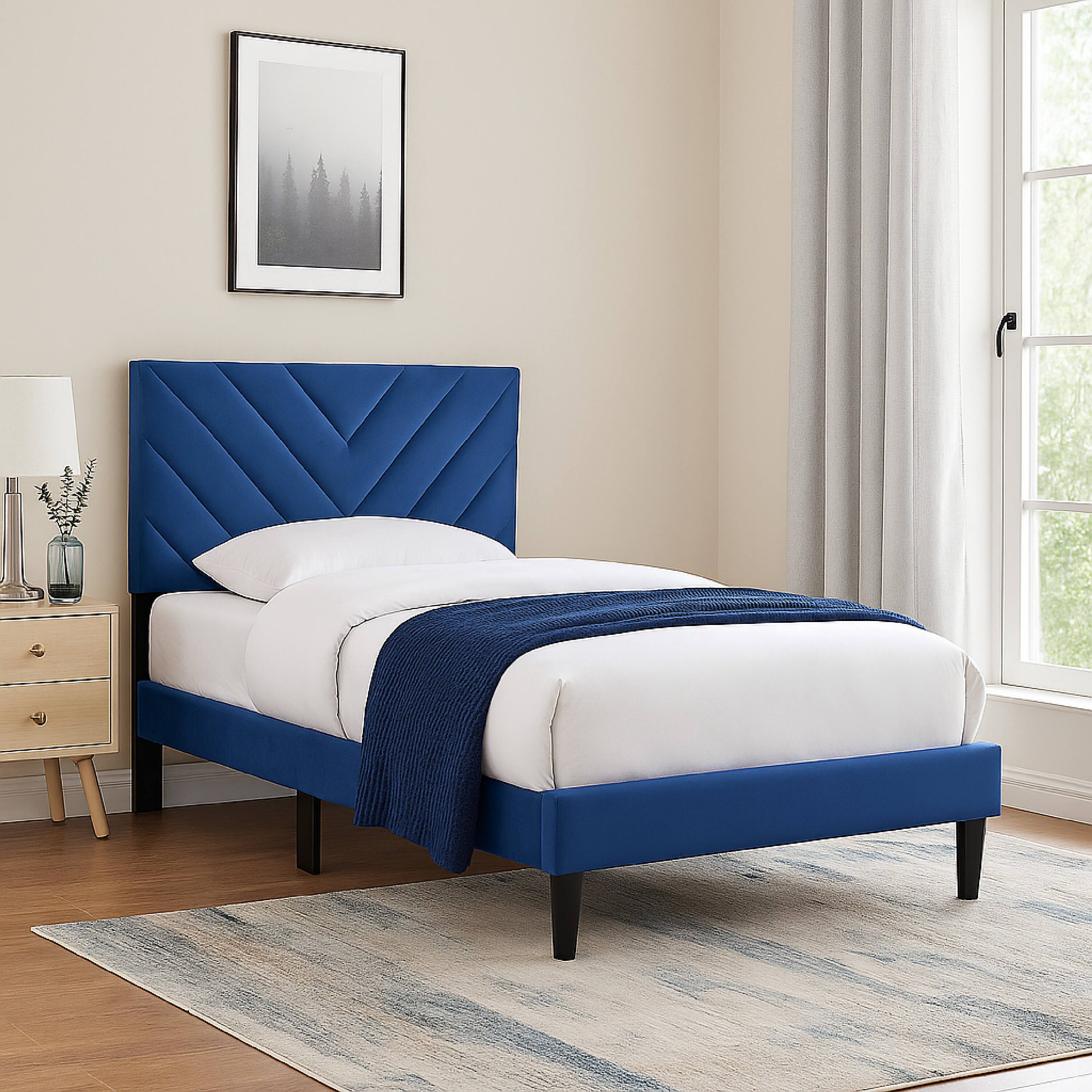 Alt View 5. Manhattan Lane - Lilian Twin Bed, Tufted Navy Blue Velvet Upholstery, Chevron Stitch - Navy Blue, Black.