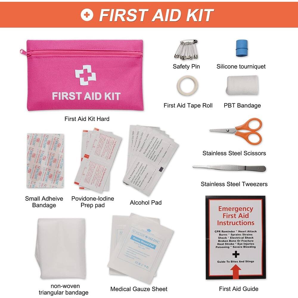 **FIRST AID KIT**

- First Aid Kit Hard
- Safety Pin
- Silicone tourniquet
- First Aid Tape Roll
- PBT Bandage
- Stainless Steel Scissors
- Stainless Steel Tweezers
- Small Adhesive Bandage
- Povidone-iodine Prep pad
- Alcohol Pad
- non-woven triangular bandage
- Medical Gauze Sheet
- Emergency First Aid Instructions
  - CPR Reminder
  - Heart Attack
  - Burns
  - Sprains
  - Strains
  - Broken Bone or Fracture
  - Heat Stroke
  - Eye Injuries
  - Poisoning
  - Severe Bleeding
  - Guide to Bites and Stings
- First Aid Guide