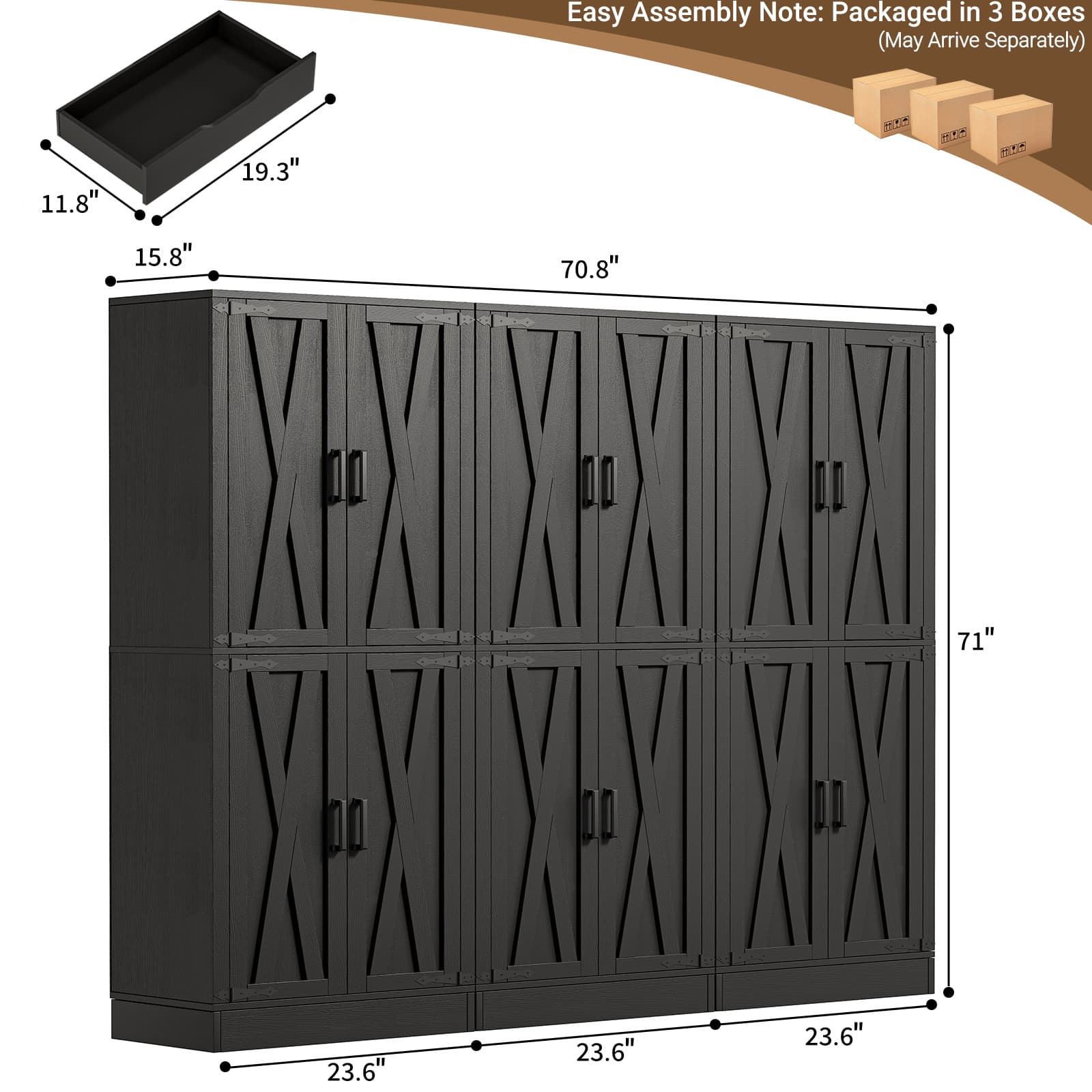 Easy Assembly Note: Packaged in 3 Boxes (May Arrive Separately)

11.8" x 19.3" x 15.8"  
70.8" x 71" x 23.6" x 23.6" x 23.6"