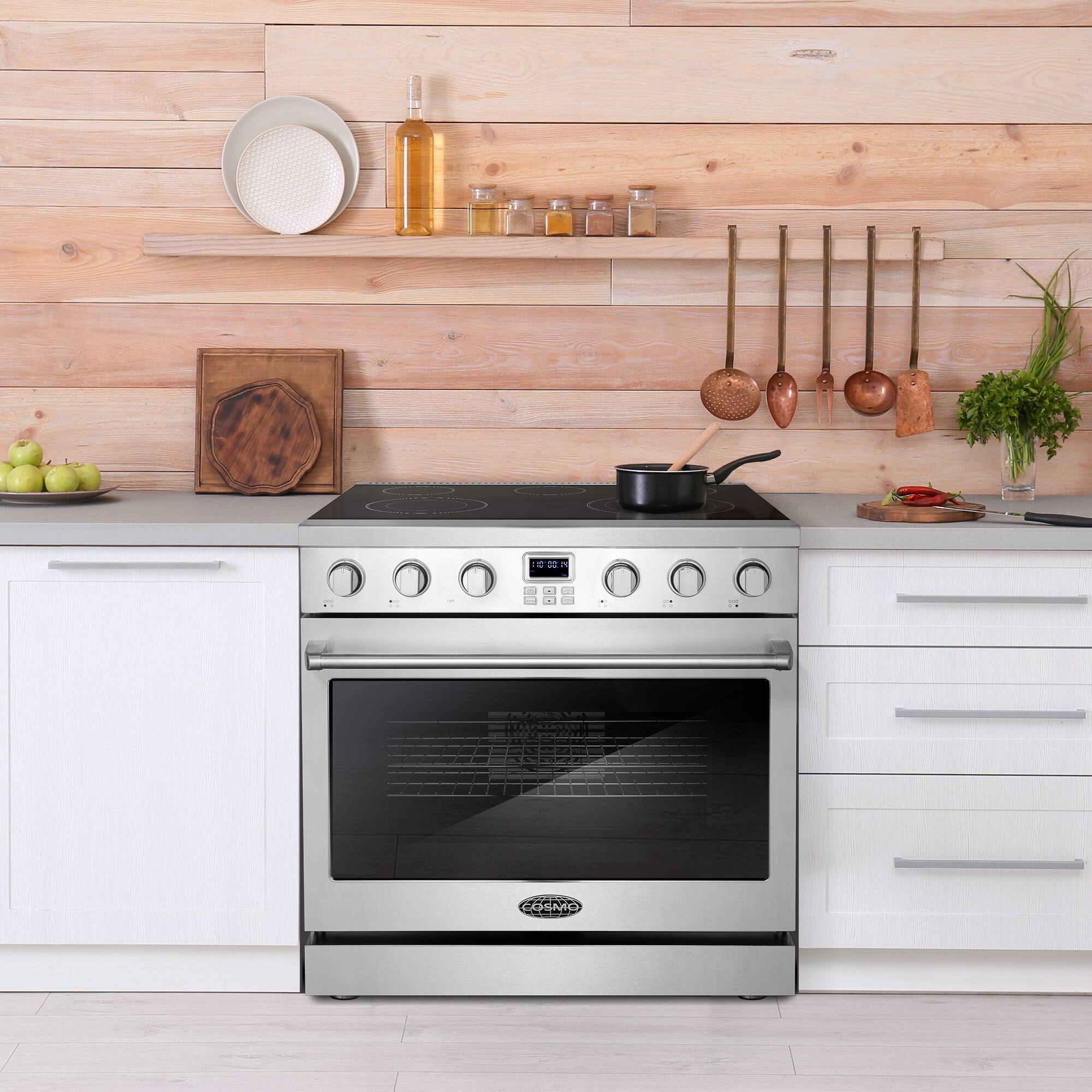 Angle. COSMO - COS-ERC365KBD 36 in. Haven Collection 6.0 cu. ft. Electric Ceramic Glass Range, 5 Burner Elements, Convection Oven - Stainless Steel.