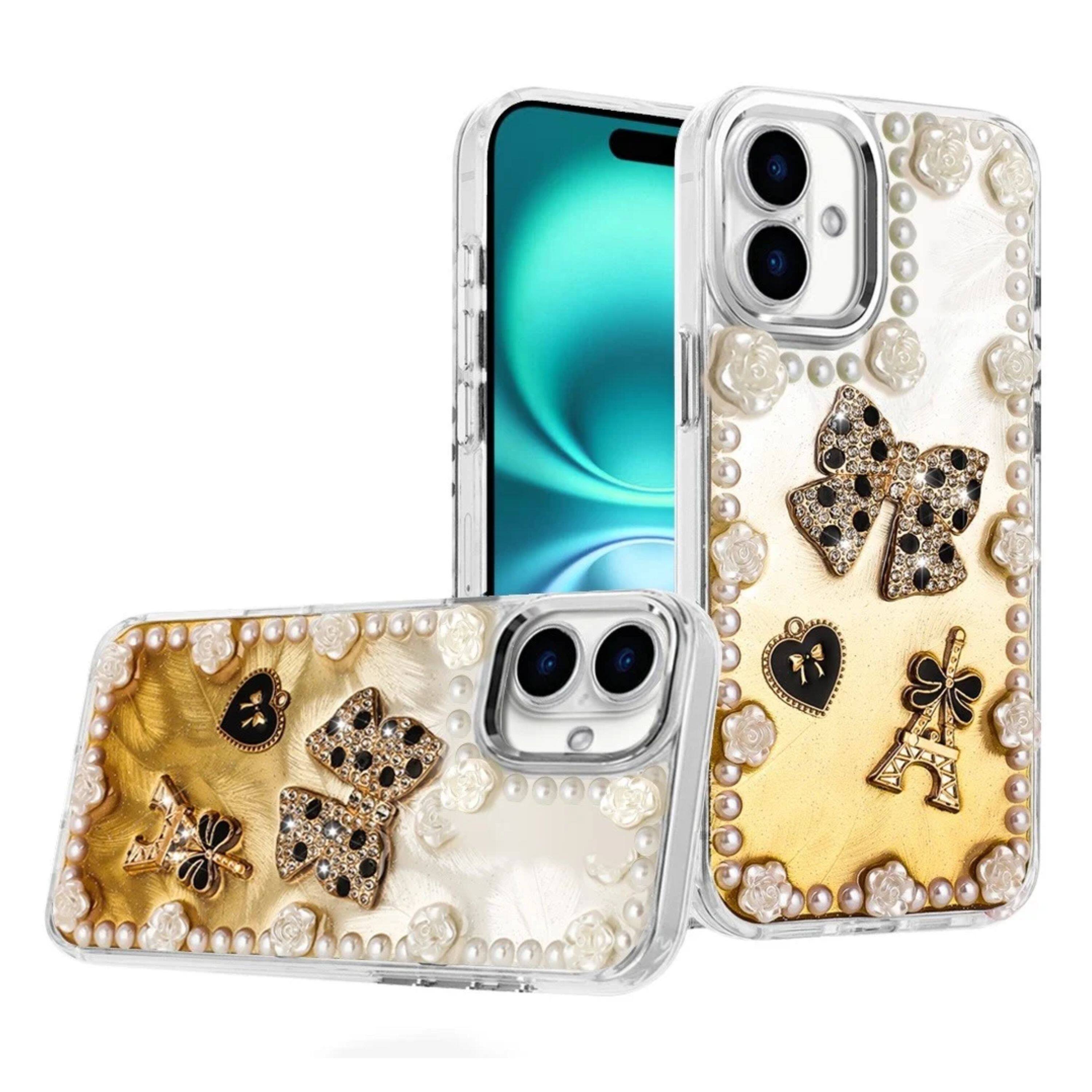 Angle. Kitcheniva - Floral & Faux Pearl Trim 3D Charms Phone Case With Tempered Glass For iPhone 17 Bow - Multicolor.