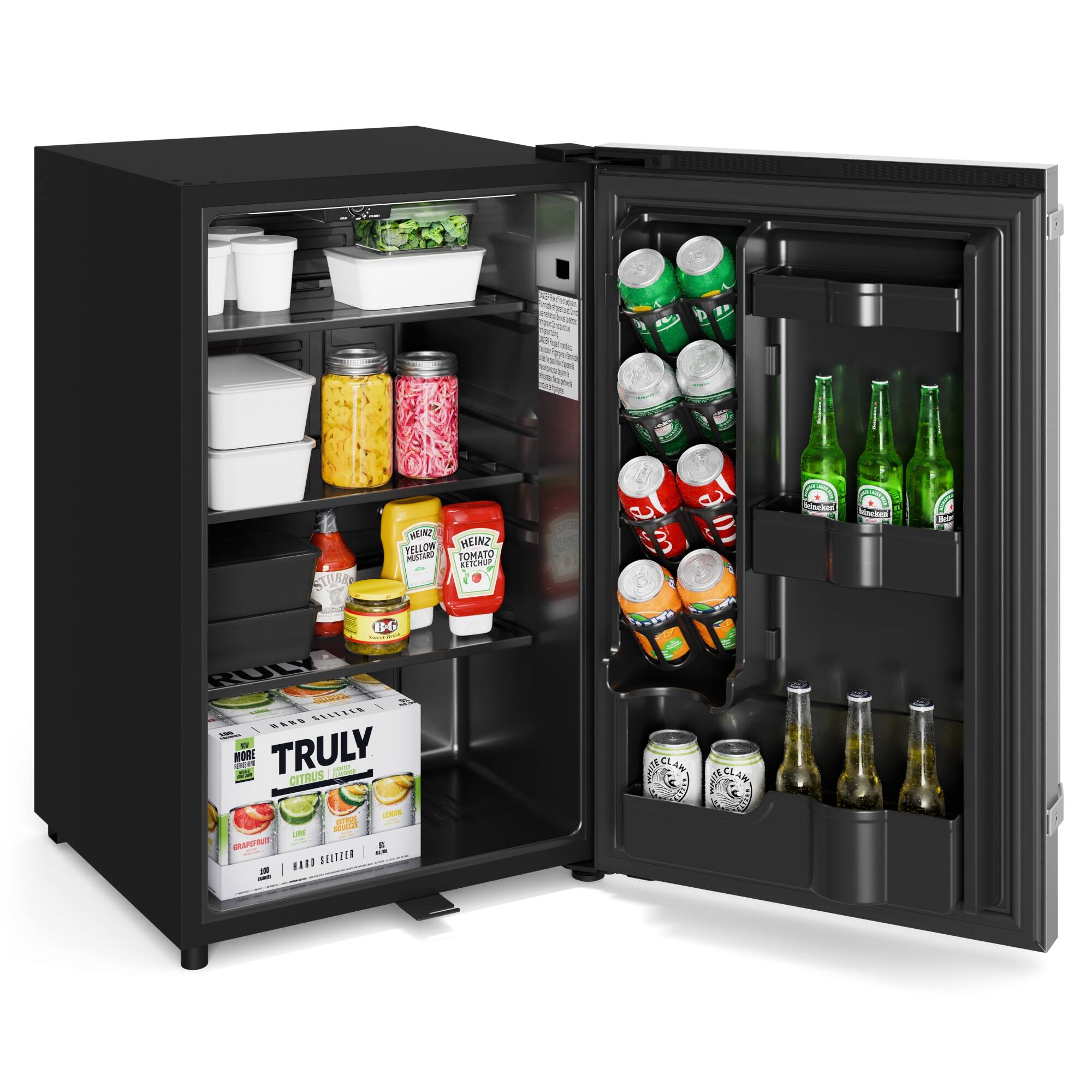 The image shows a black refrigerator with its door open, revealing a variety of food and drinks inside. The refrigerator contains multiple bottles, including a few bottles of beer, and several bowls. The bottles are arranged in different sections of the refrigerator, with some placed on the top shelves and others on the bottom shelves. The bowls are located in the middle and lower sections of the refrigerator, adding to the assortment of items stored inside.