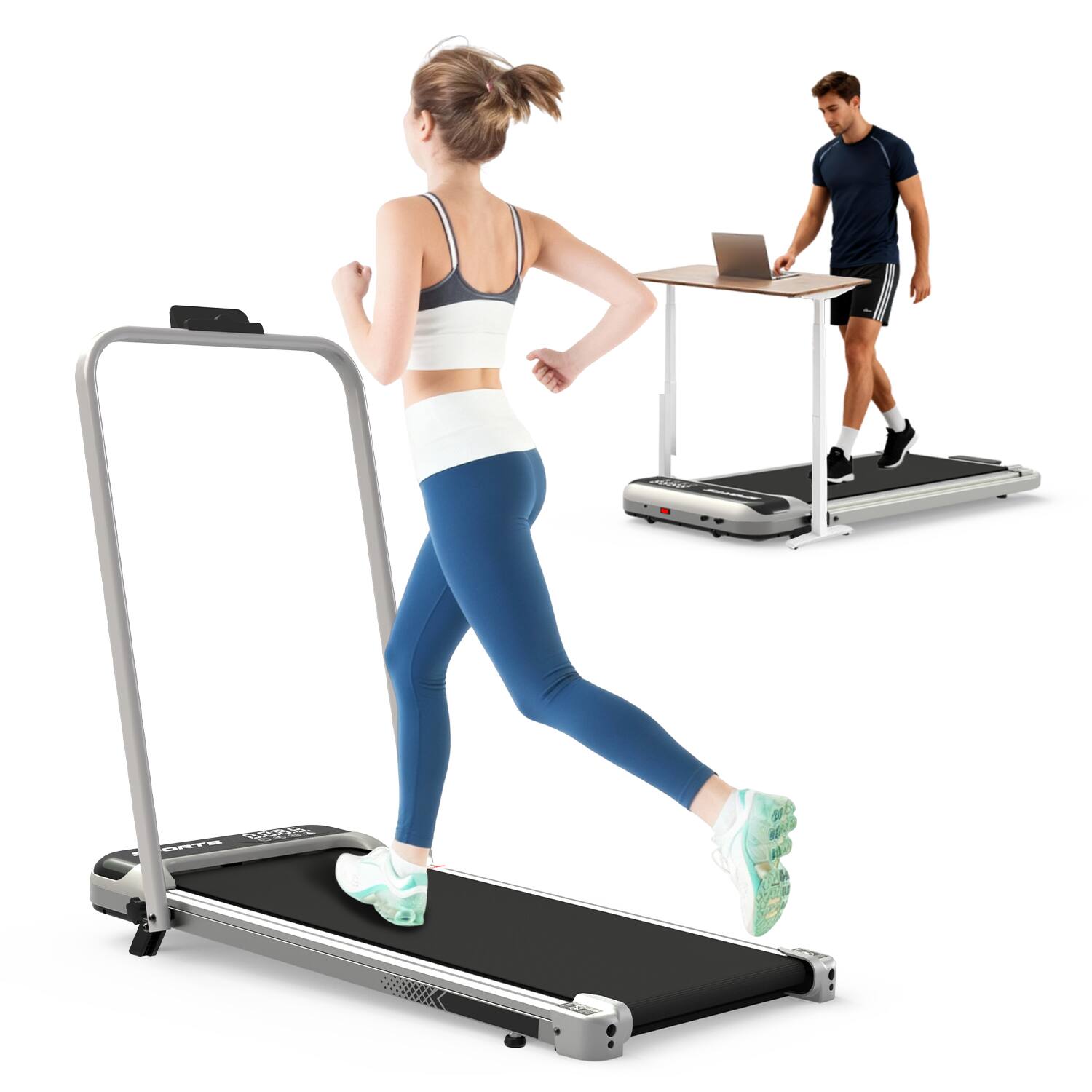 Front. Siljoy - 3-in-1 Under Desk Treadmill: Foldable, Incline, Handle Bar, Remote, LED Display. For Home/Office Walking & Jogging - Black.