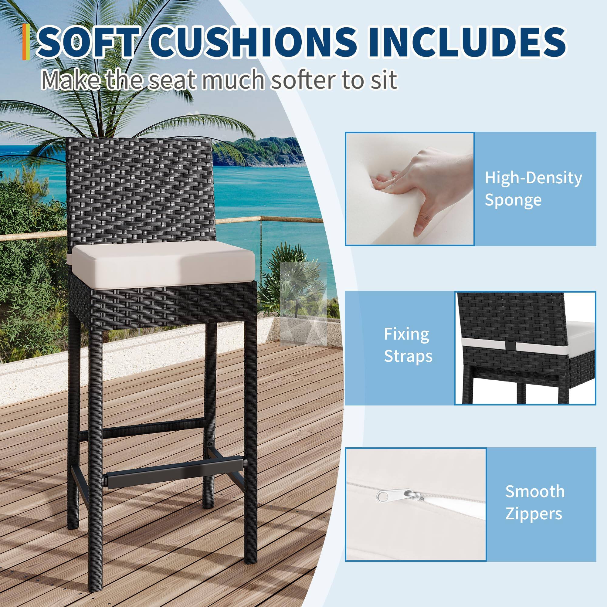 SOFT CUSHIONS INCLUDES  
Make the seat much softer to sit  

- High-Density Sponge  
- Fixing Straps  
- Smooth Zippers