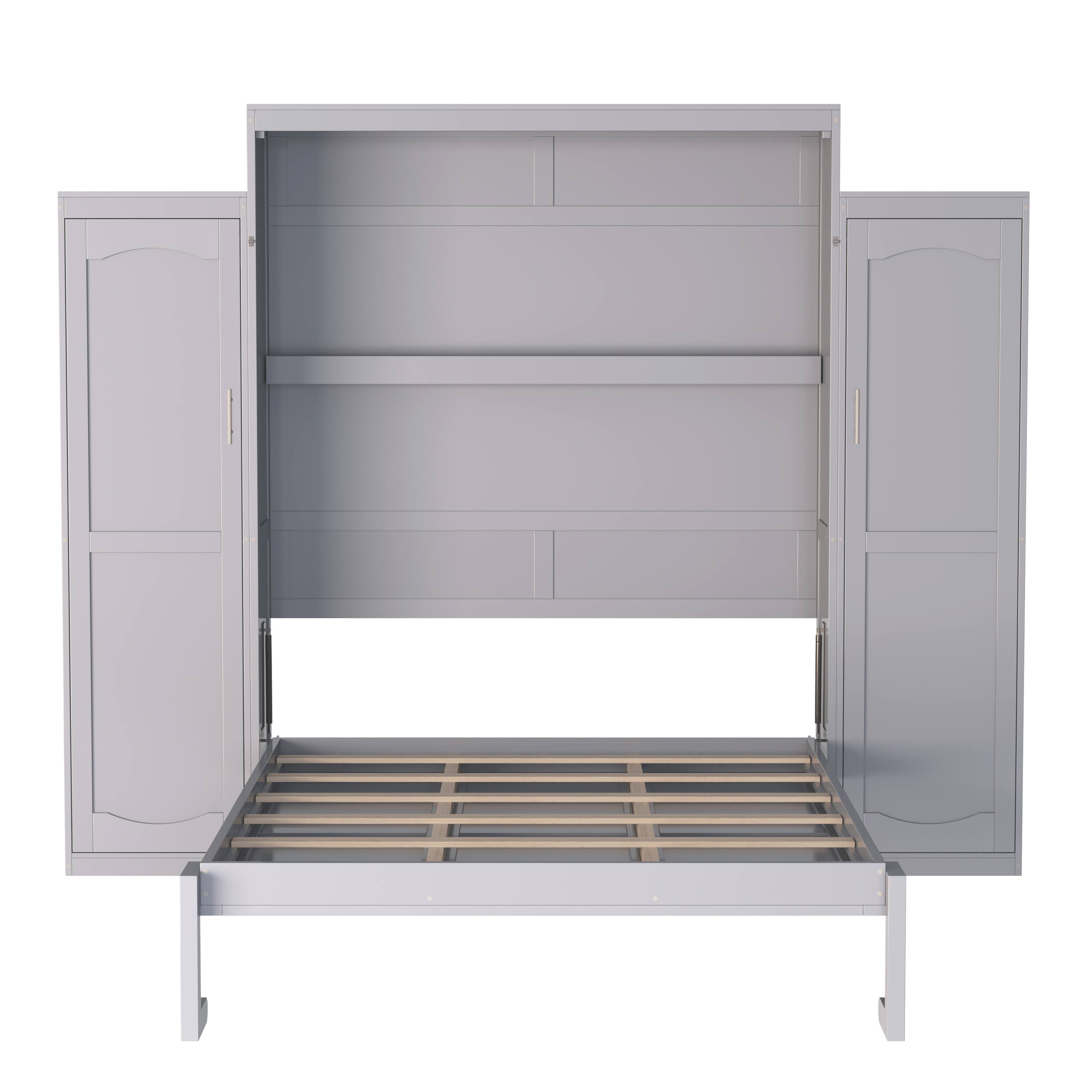 Alt View 6. Tiramisubest - Queen Size Murphy Bed with 2 Wardrobe and Storage Shelf, Multifunctional Foldable Platform Bedframe, Gray - Gray.