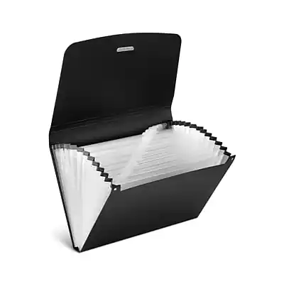 Front. Staples - Plastic Accordion File, 13-Pocket, Letter Size, Black - Black.