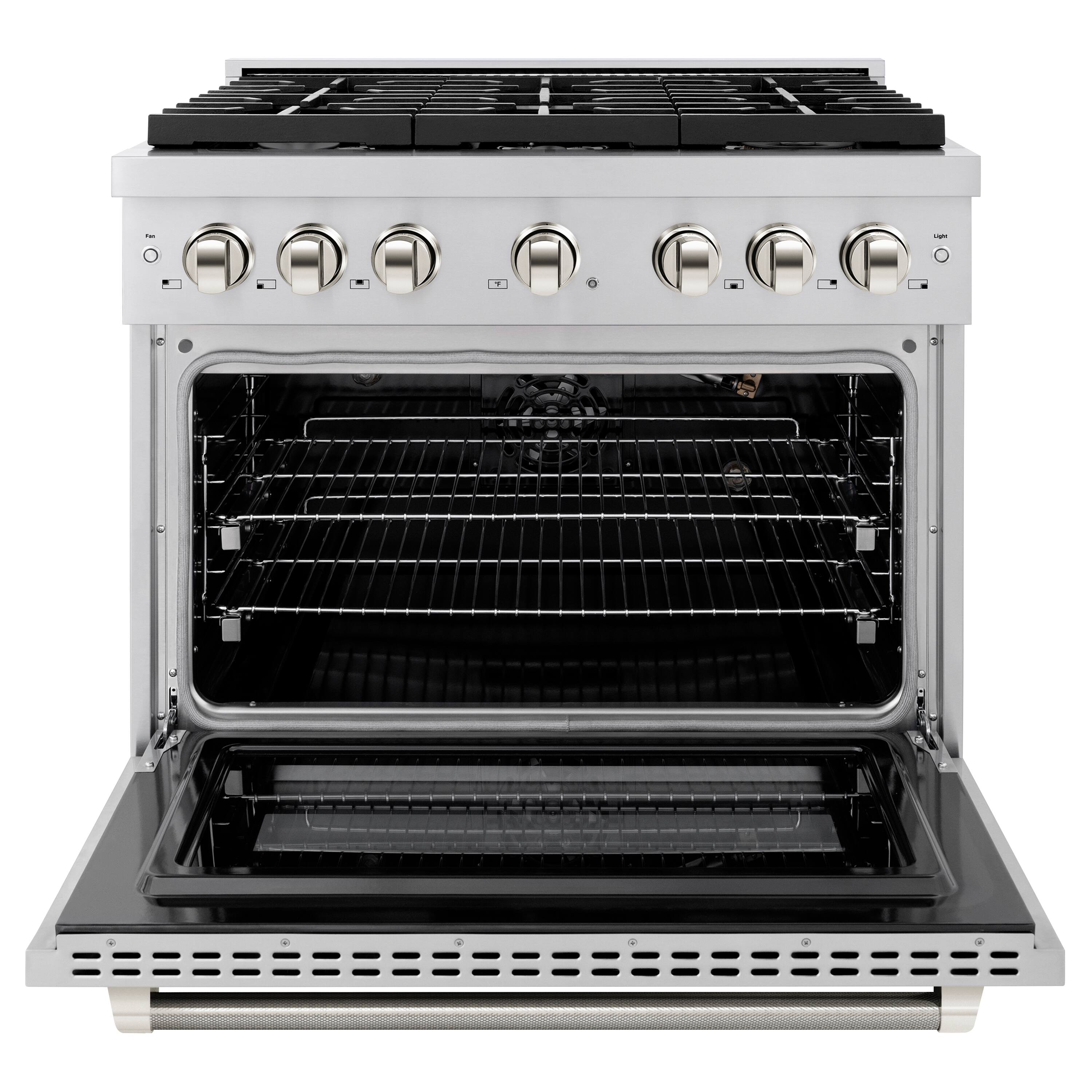 Angle. ZLINE - ZLINE Autograph 36 in. 5.2 Cu. Ft. Freestanding Paramount Gas Range in Stainless Steel with Polished Nickel Helix Handle - Stainless Steel.