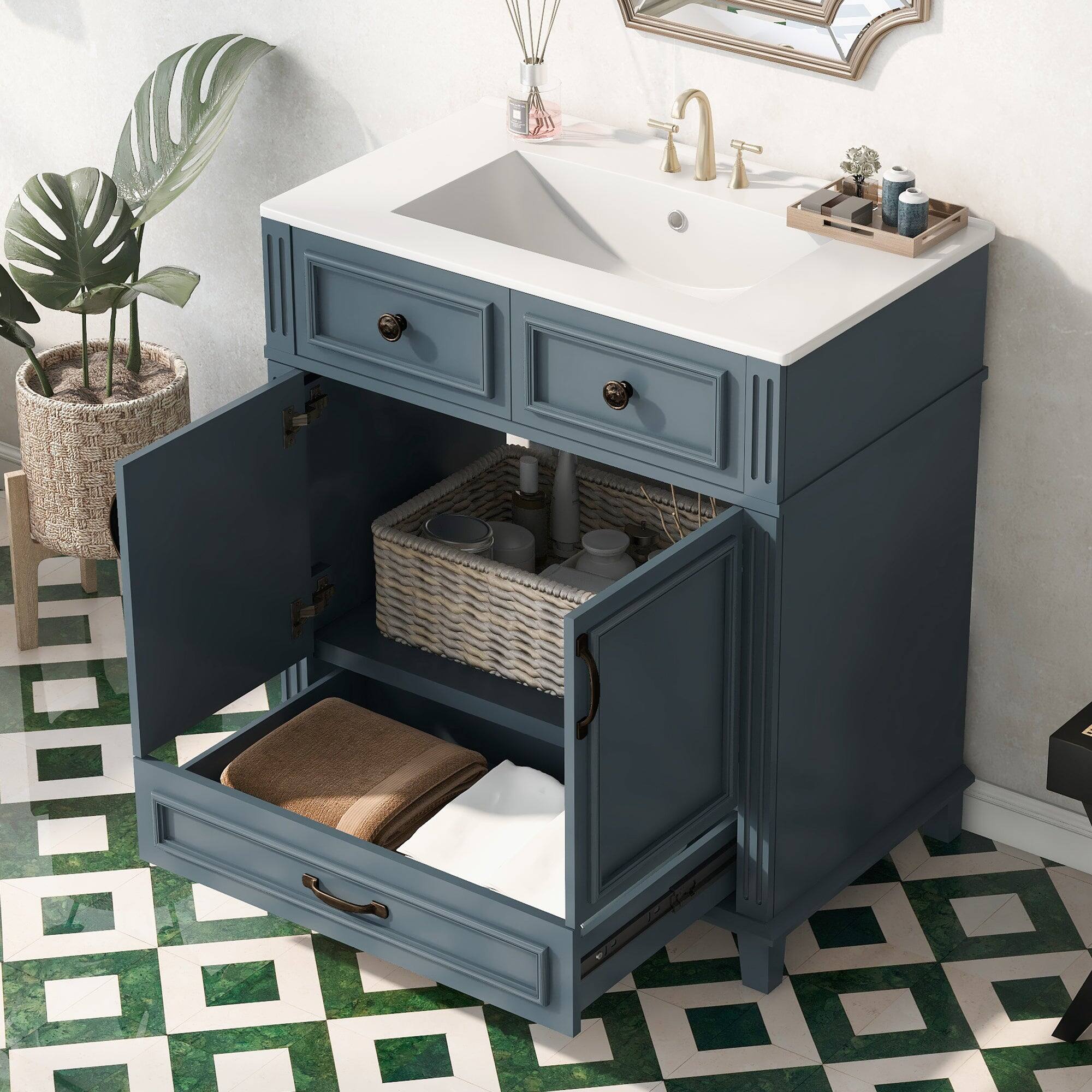 Alt View 2. Boyel Living - 30 Inch Retro Bathroom Vanity Blue with Ceramic Sink Solid Wood Frame 2 Door 1 Drawer - Blue.
