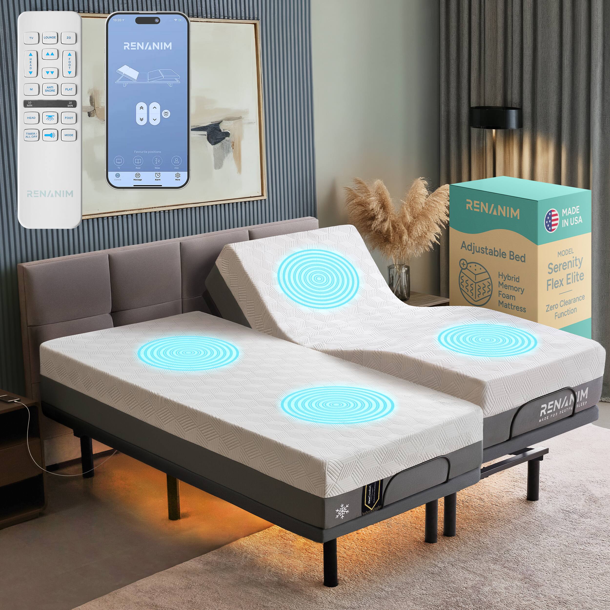 Renanim - SFE Split King Adjustable Electric Bed Frame with 14" Hybrid Mattress, Massage, USB, Remote & UnderBed Light - Gray