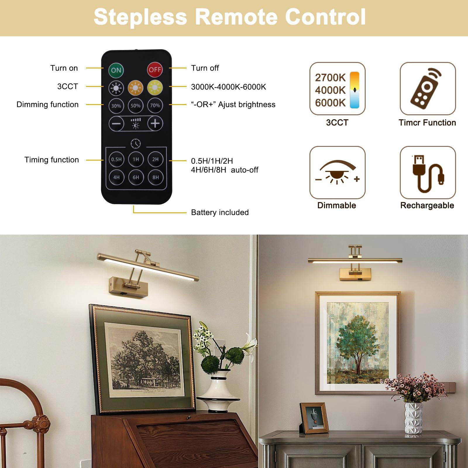 Stepless Remote Control

- Turn on
- 3CCT
- Dimming function
  - 30%
  - 50%
  - 70%
- Turn off
- 3000K-4000K-6000K
- "OR+" Adjust brightness
- Timing function
  - 0.5H
  - 1H
  - 2H
  - 4H
  - 6H
  - 8H
  - 0.5H/1H/2H
  - 4H/6H/8H auto-off
- Battery included
- Dimmable
- Rechargeable

2700K
4000K
6000K

3CCT

Timer Function