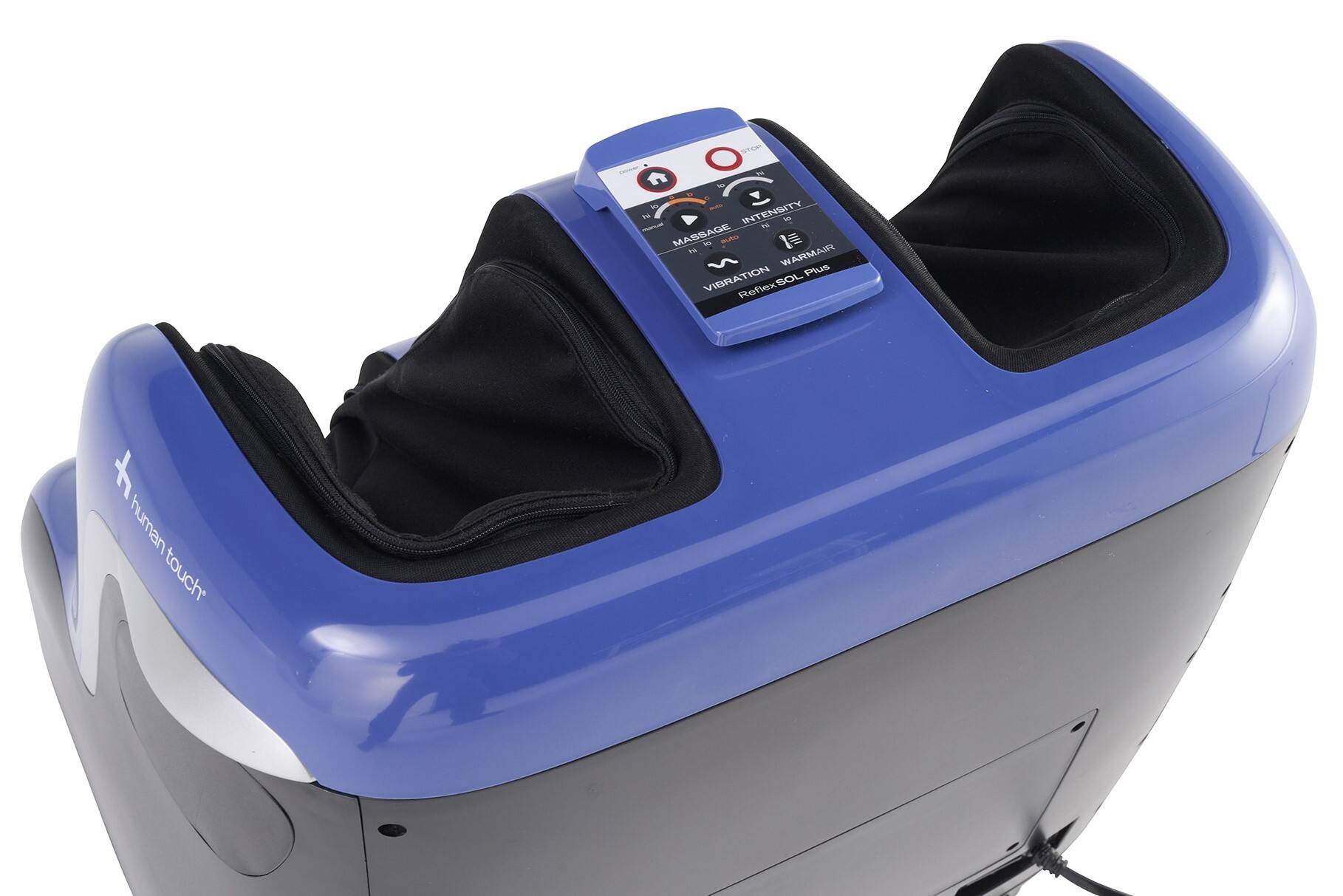 The text on the image reads: "Intensity 10 Massage No - m 1 T% Warm Air Pulsating Vibration Reflexology Human Touch."