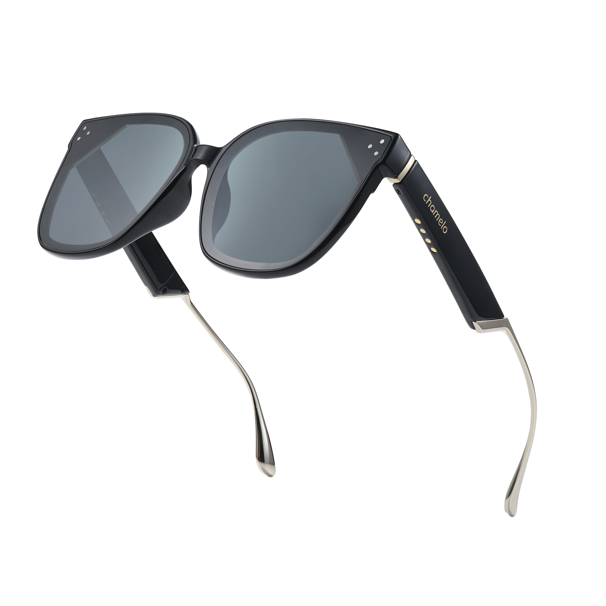 Angle. Chamelo - Lifestyle Veil Slider HVL - Cateye Sunglasses - Adjustable Tint - Glossy black frame | Smoke lenses.