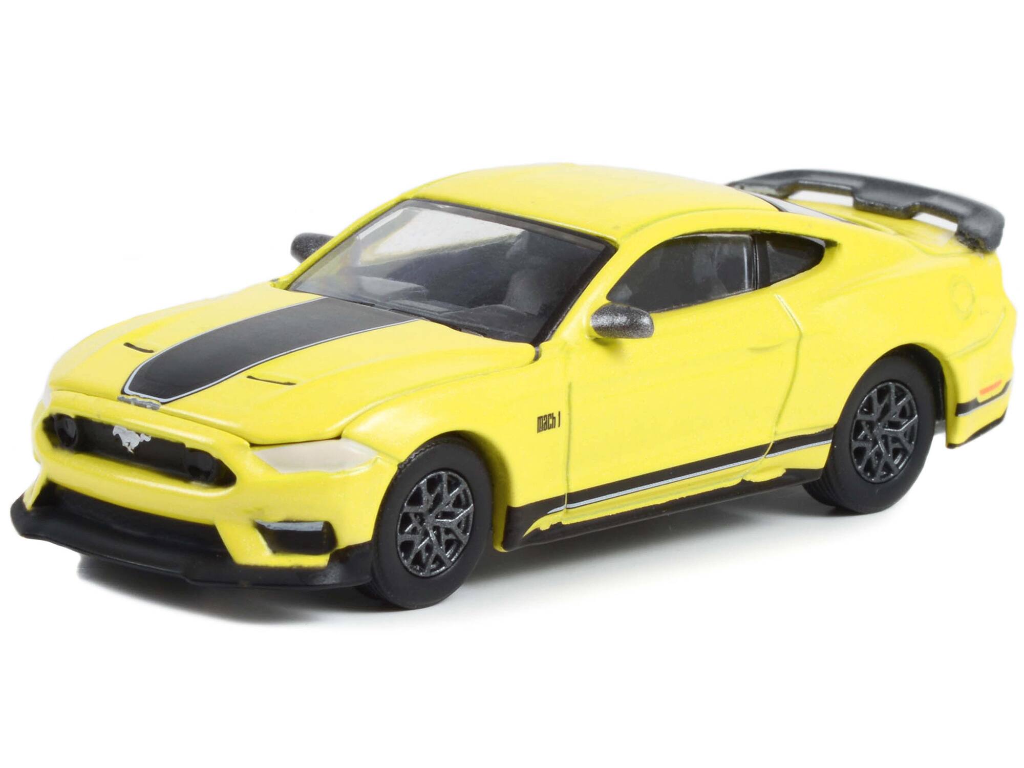 Alt View 1. Greenlight - 2021 Ford Mustang Mach 1 Grabber Yellow with Black Stripes "Greenlight Muscle" Series 27 1/64 Model Car by Greenlight.