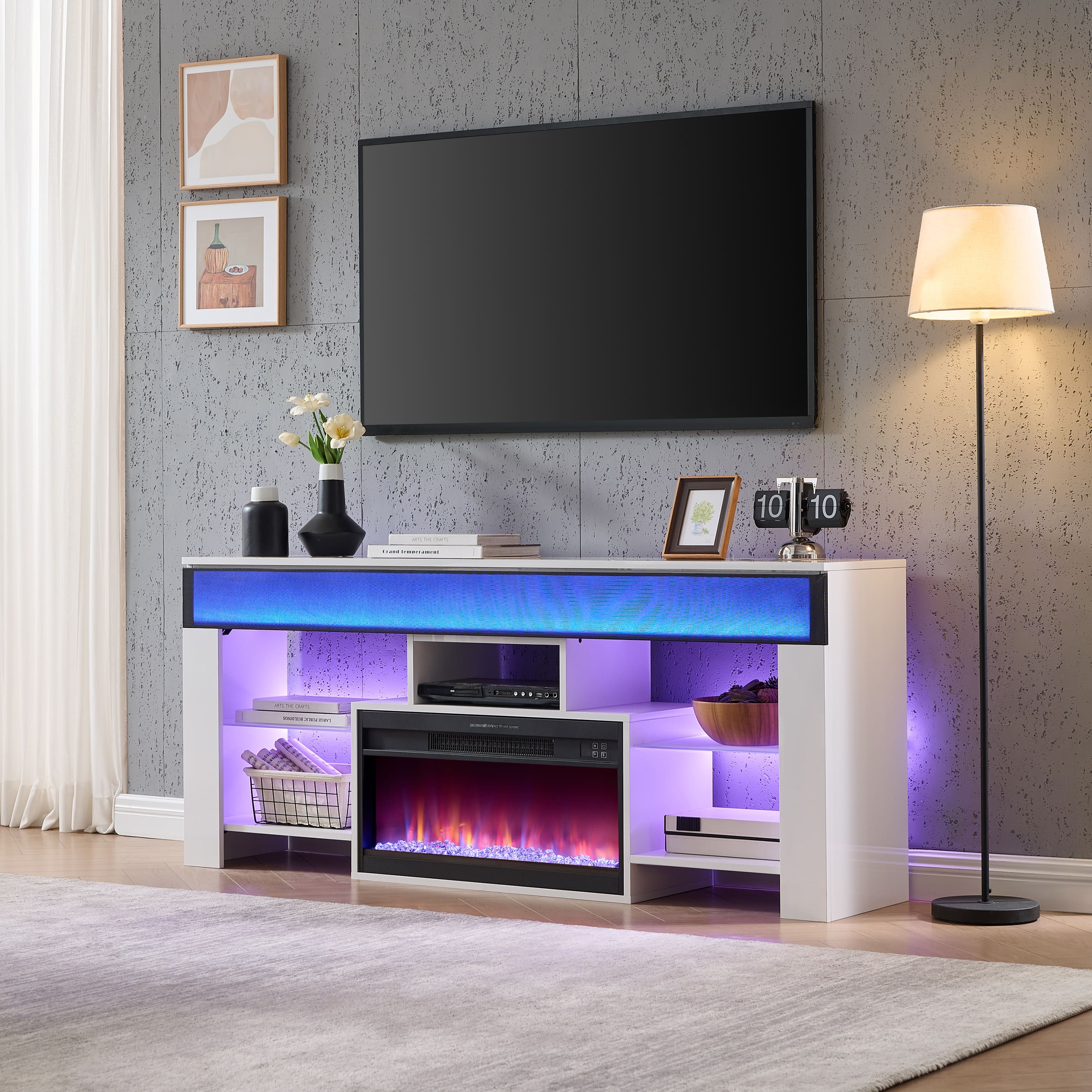 Living Essentials Corp - NEO 62" Fireplace TV Stand with Patented Soundbar, Media Console and Game Storage for Living Room - White