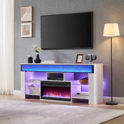 Front. Living Essentials Corp - NEO 62" White Fireplace TV Stand with Patented Soundbar, Media Console and Game Storage for Living Room - White.
