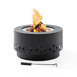 SUNJOY - 28 in Extra Tall Round Smokeless Wood‑Burning Fire Pit with Ash Pan, PVC Weather Cover & Fire Poker for Outdoor Use