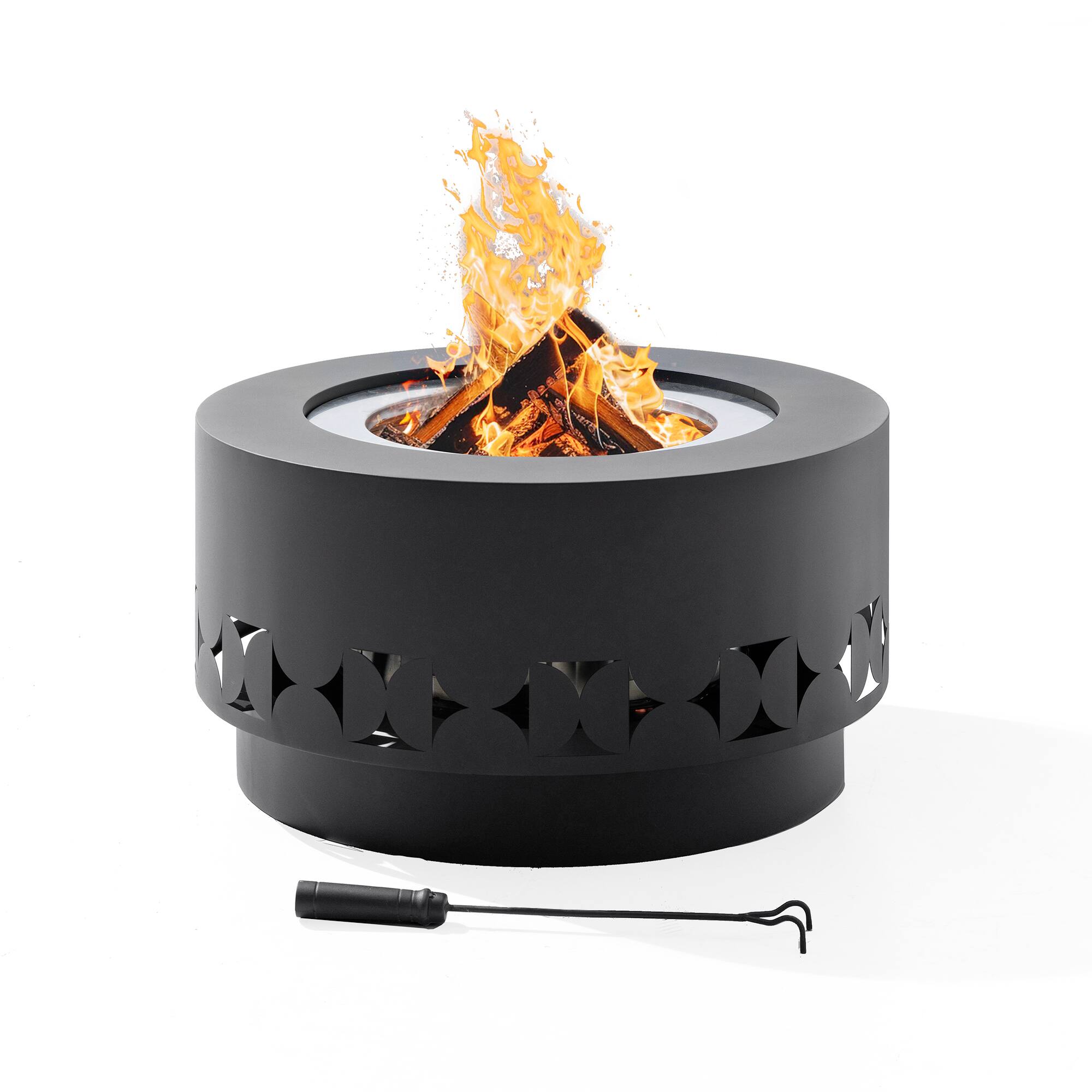 Front. SUNJOY - 28 in Extra Tall Round Smokeless Wood‑Burning Fire Pit with Ash Pan, PVC Weather Cover & Fire Poker for Outdoor Use.