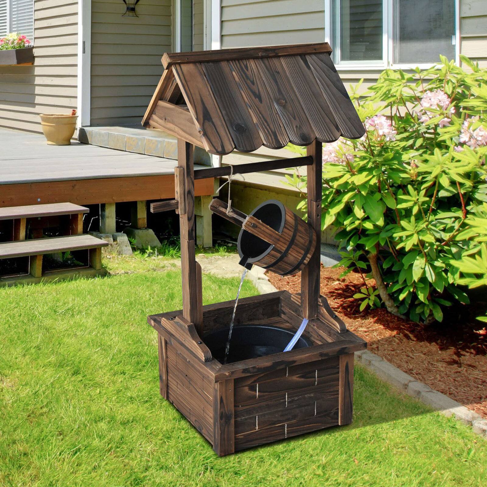 Alt View 1. Outsunny - Wooden Wishing Well Fountain with Adjustable Water Flow Rate, Rustic Waterfall Fountain - Carbonized brown.
