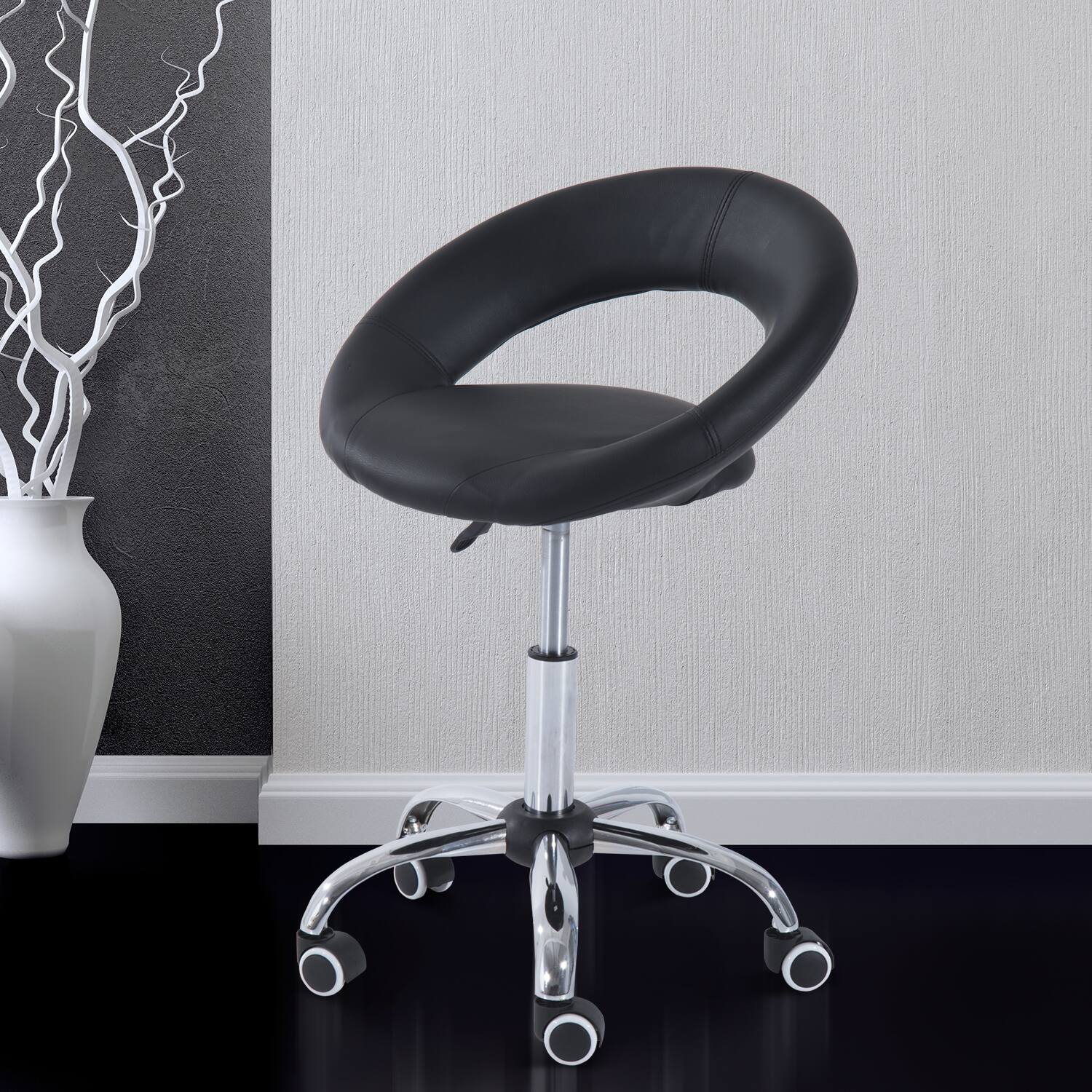 Alt View 1. Homcom - Rolling Salon Stool with Adjustable Height, Breathable Open Back, Foam Cushion Seat - Black.