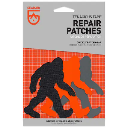GEAR AID * TENACIOUS TAPE REPAIR PATCHES
PATCHS DE RÉPARATION
QUICKLY PATCH GEAR
RÉPARER RAPIDEMENT L'ÉQUIPEMENT
INCLUDES 3 PEEL-AND-STICK PATCHES
Inclut 3 patchs auto-adhésifs