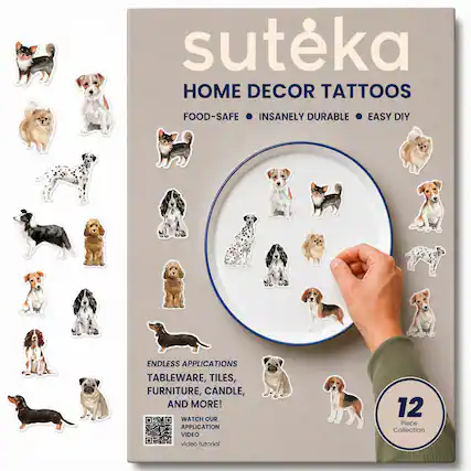 sutéka HOME DECOR TATTOOS FOOD-SAFE INSANELY DURABLE EASY DIY ENDLESS APPLICATIONS TABLEWARE, TILES, FURNITURE, CANDLE, AND MORE! WATCH OUR APPLICATION VIDEO video tutorial 12 Piece Collection