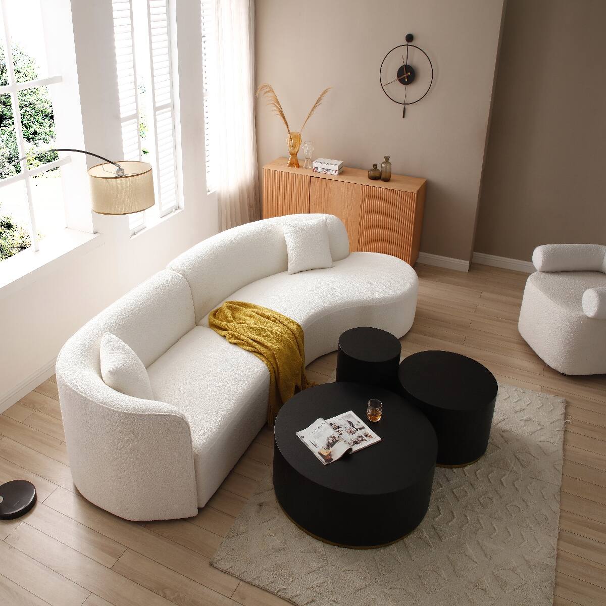 Angle. Ropilly - Ropilly White Boucle Sectional Sofa, Curved Sofa with Chaise, Right Hand Facing Sectional Sofa - White.