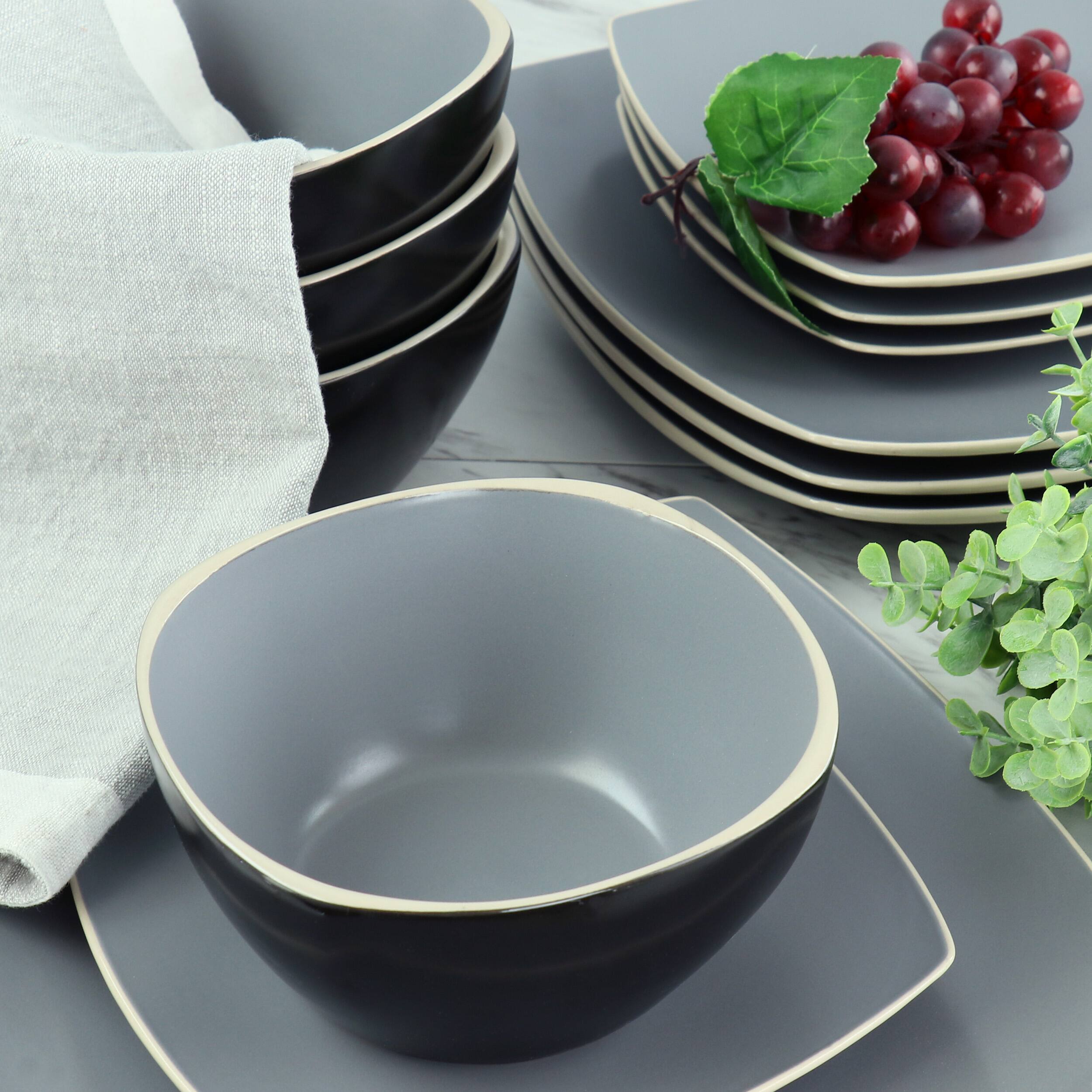 Alt View 6. Hometrends - Hometrends Soho Lounge 12 Piece Square Stoneware Dinnerware Set in Grey and Black - Gray and Black.