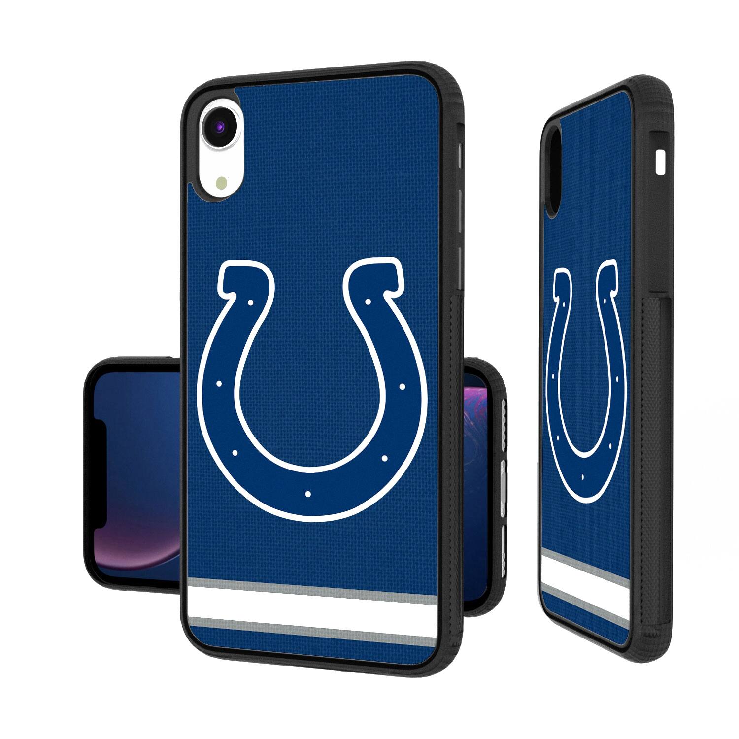 Front. Keyscaper - Indianapolis Colts iPhone Stripe Design Bump Case - 14 Pro - Multicolor.