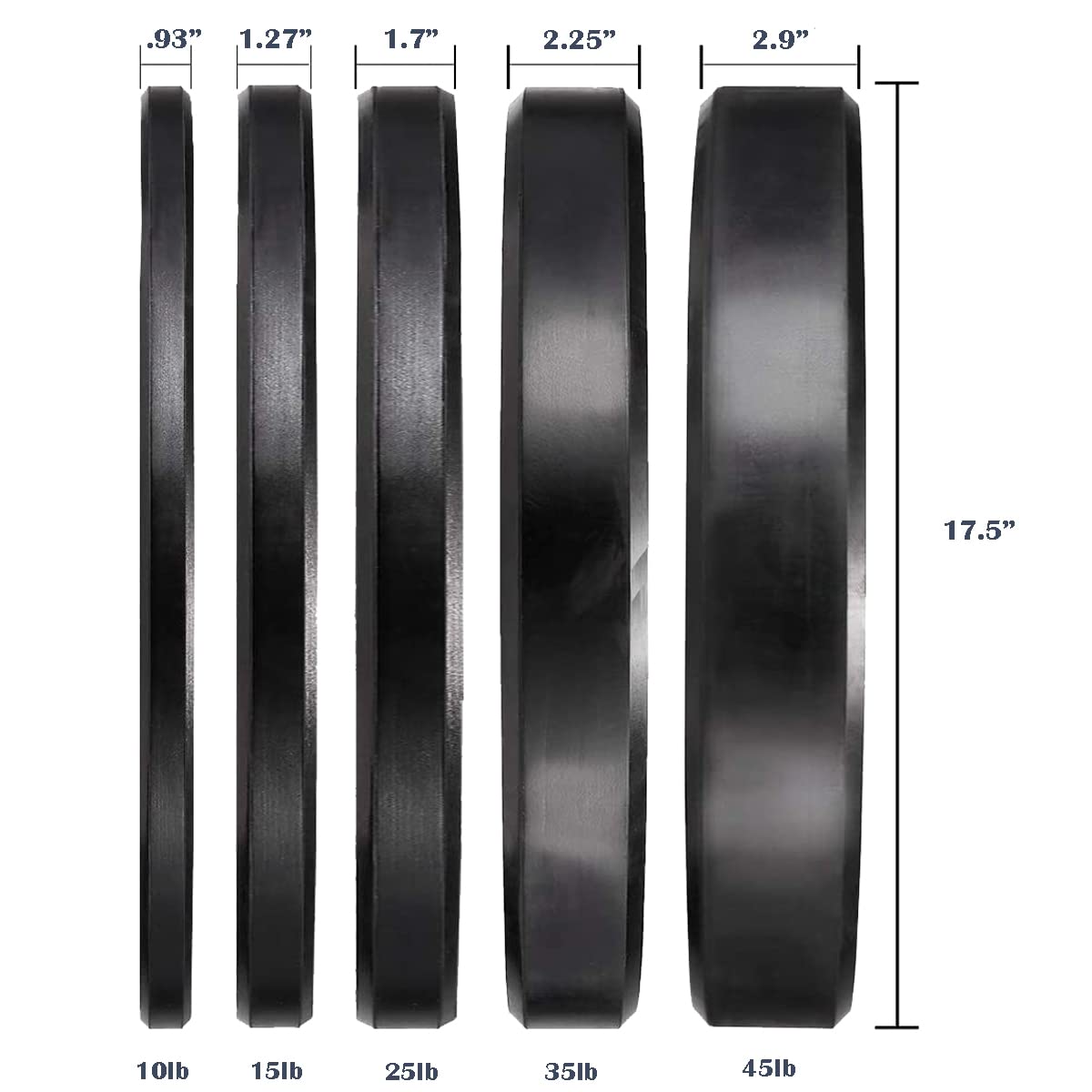 .93" 1.27" 1.7" 2.25" 2.9" 17.5" 10lb 15lb 25lb 35lb 45lb