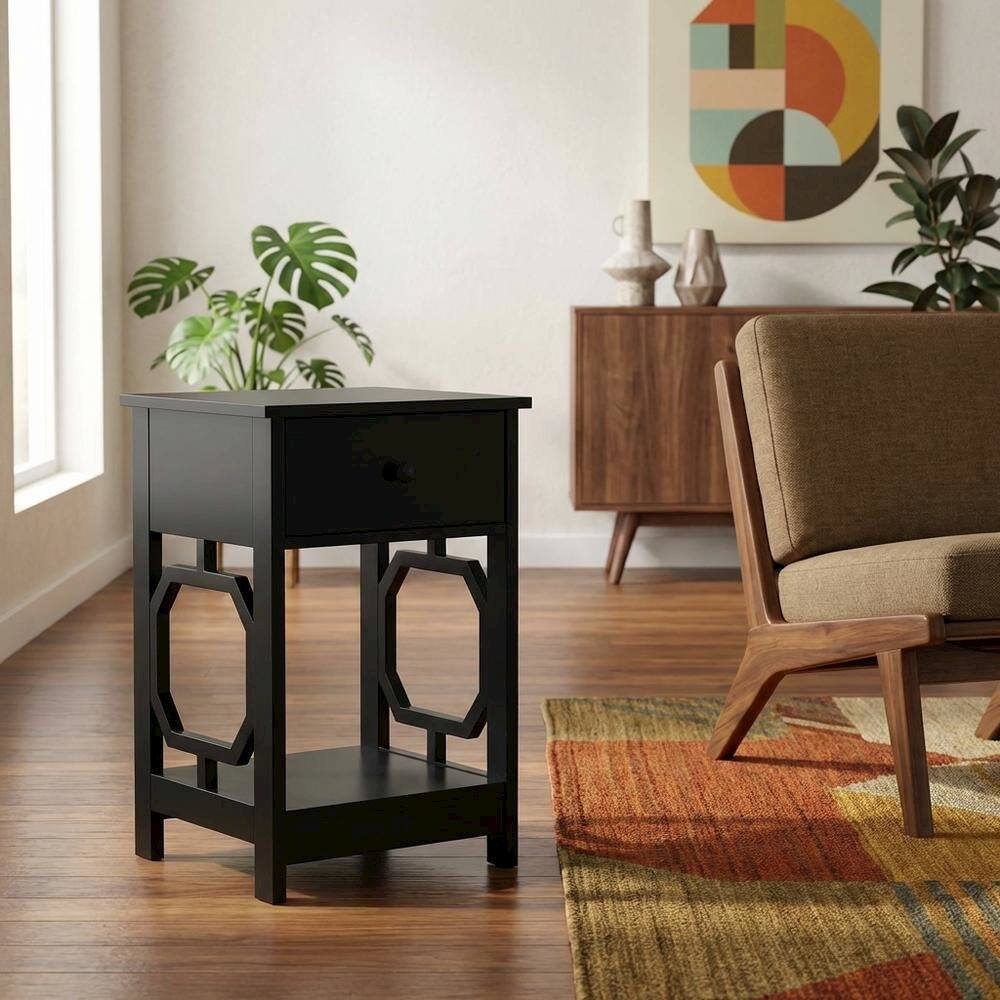 Alt View 1. FurniFact - Black end table with single drawer for versatile living space use - Black.