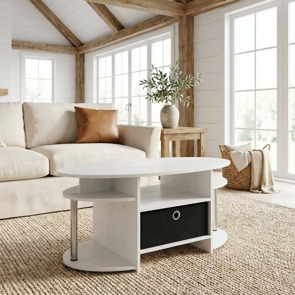 Angle. FurniFact - White Oak Oval Coffee Table with Storage Bin and Stainless Steel Tubes - White Oak/Chrome/Black.