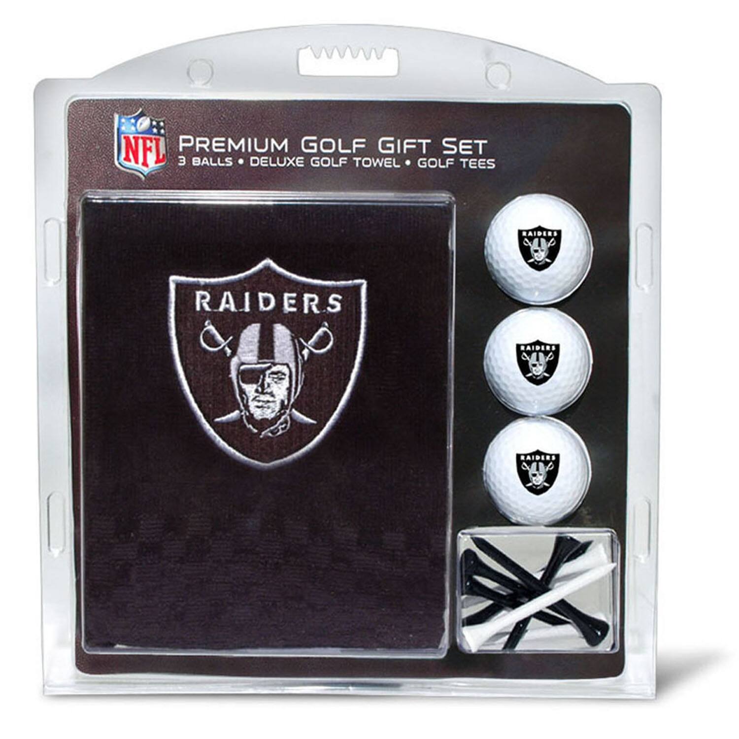NFL PREMIUM GOLF GIFT SET  
3 BALLS • DELUXE GOLF TOWEL • GOLF TEES  
RAIDERS