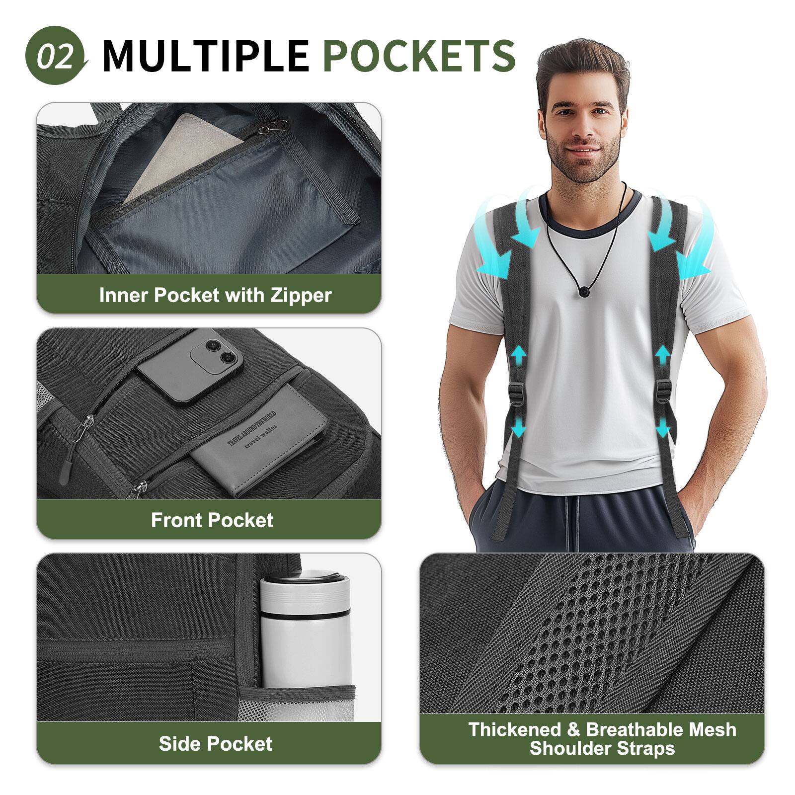 02 MULTIPLE POCKETS

- Inner Pocket with Zipper
- Front Pocket
- Side Pocket
- Thickened & Breathable Mesh Shoulder Straps