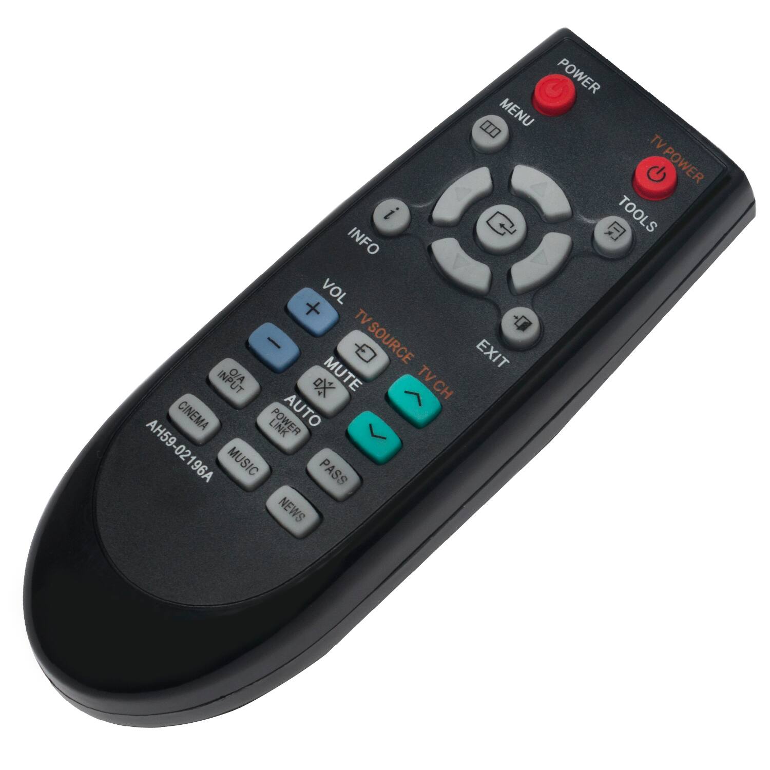 POWER MENU TVPOWER i TOOLS INFO VOL + TVSOURCE EXIT INPUT O/A MUTE TVCH TV CH CINEMA POWER AUTO > AH59-02196A MUSIC PASS NEWS