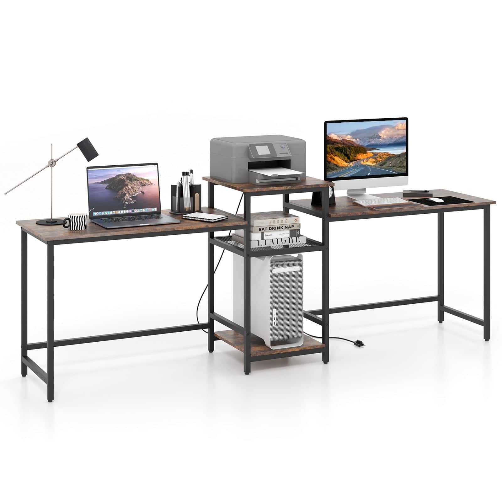 Ecooso - 2-Person Computer Desk with Power Outlet, Printer Stand Workstation for Home Office Setup - Rustic Brown  Black