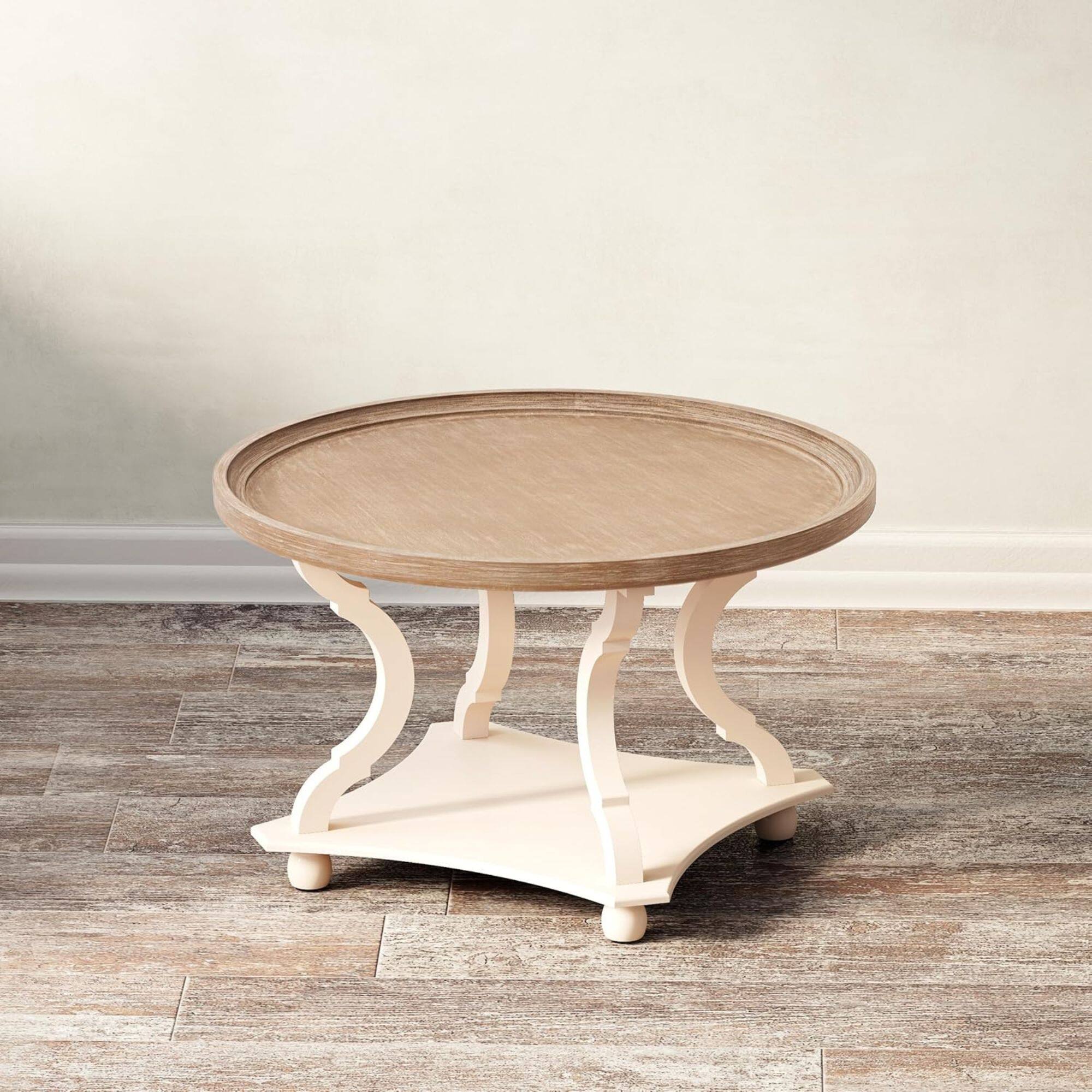 Alt View 4. COZAYH - COZAYH Round Rustic Coffee Table Wood Tray Top Accent Centerpiece Storage, White - Wood, White.