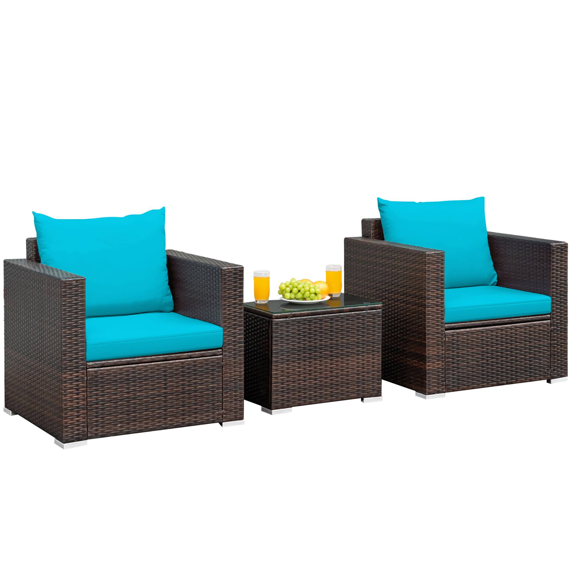 Alt View 9. Costway - Costway 3PCS Patio Rattan Furniture Set Conversation Sofa Cushioned - Turquoise.