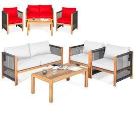 Gymax - Set Of 4 Wood Outdoor Patio Furniture Set w/Cushions White Red Cushion Cover Sets - White, Red