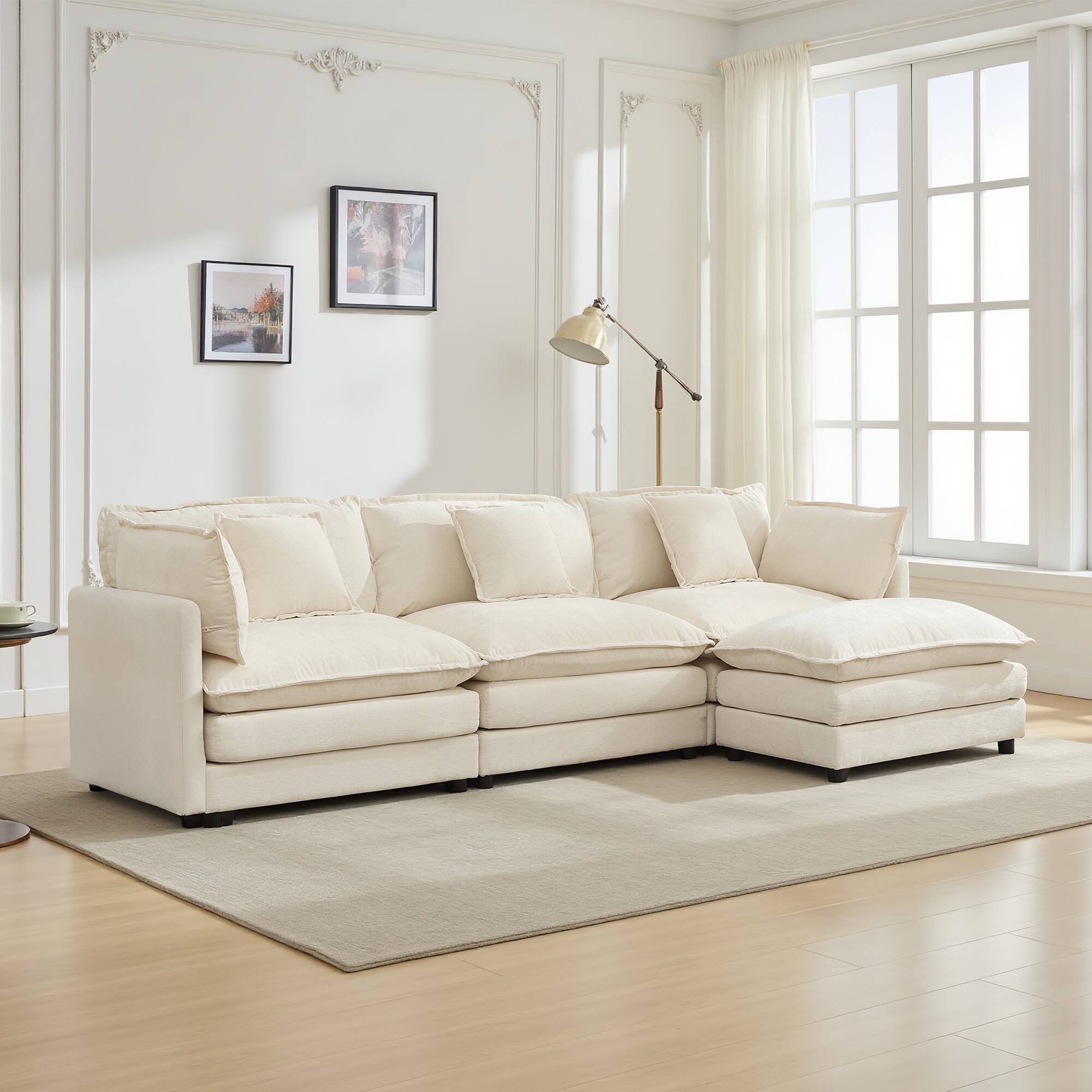 Alt View 8. KERDOM - Deep Seat Sectional 3 Seat Sofa Set with 1 Ottoman Movable & Pillows, Sleeper Sofa Bed Chaise Longue L Shaped Couch - Beige.