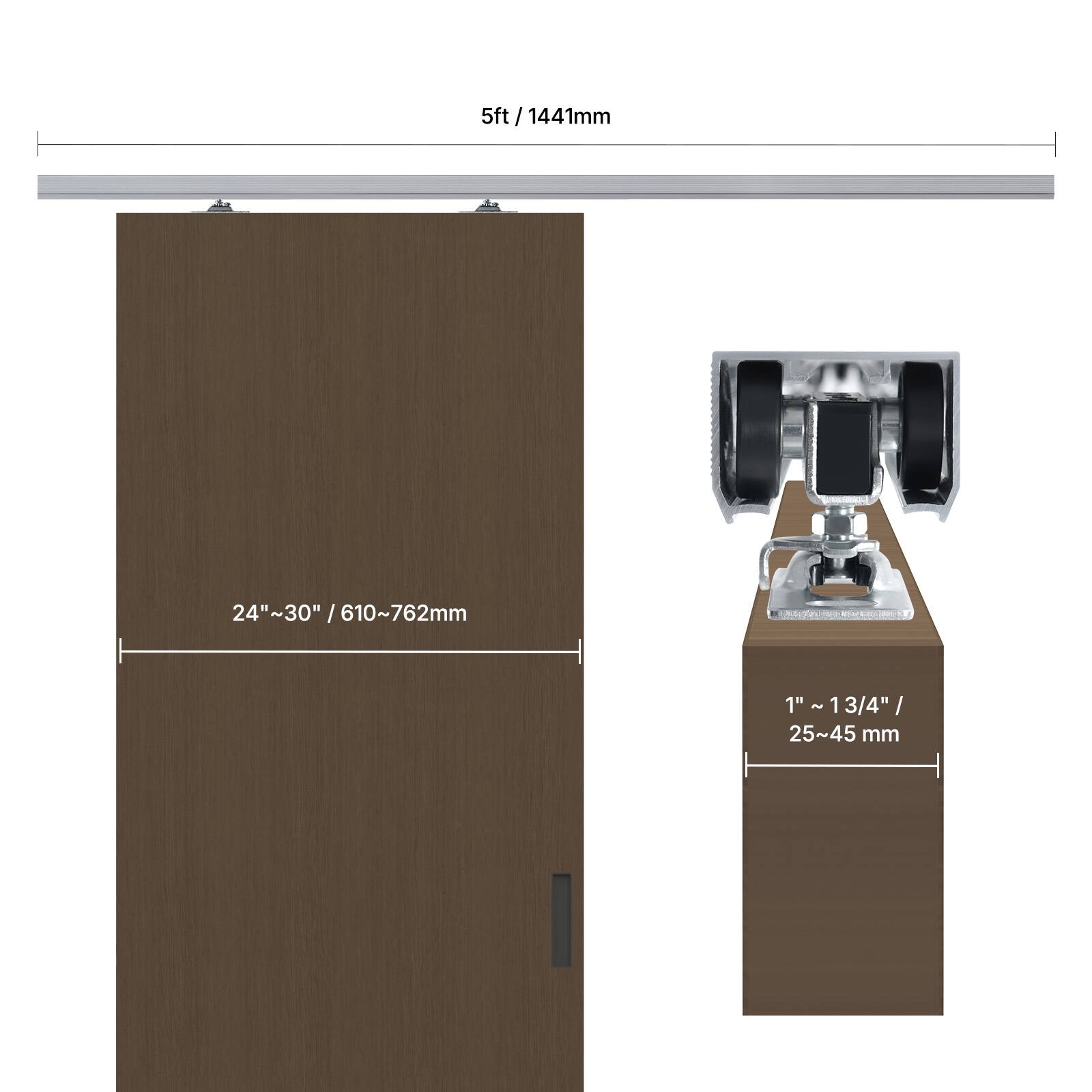 5ft / 1441mm  
24"~30" / 610~762mm  
1" - 13/4" / 25~45 mm
