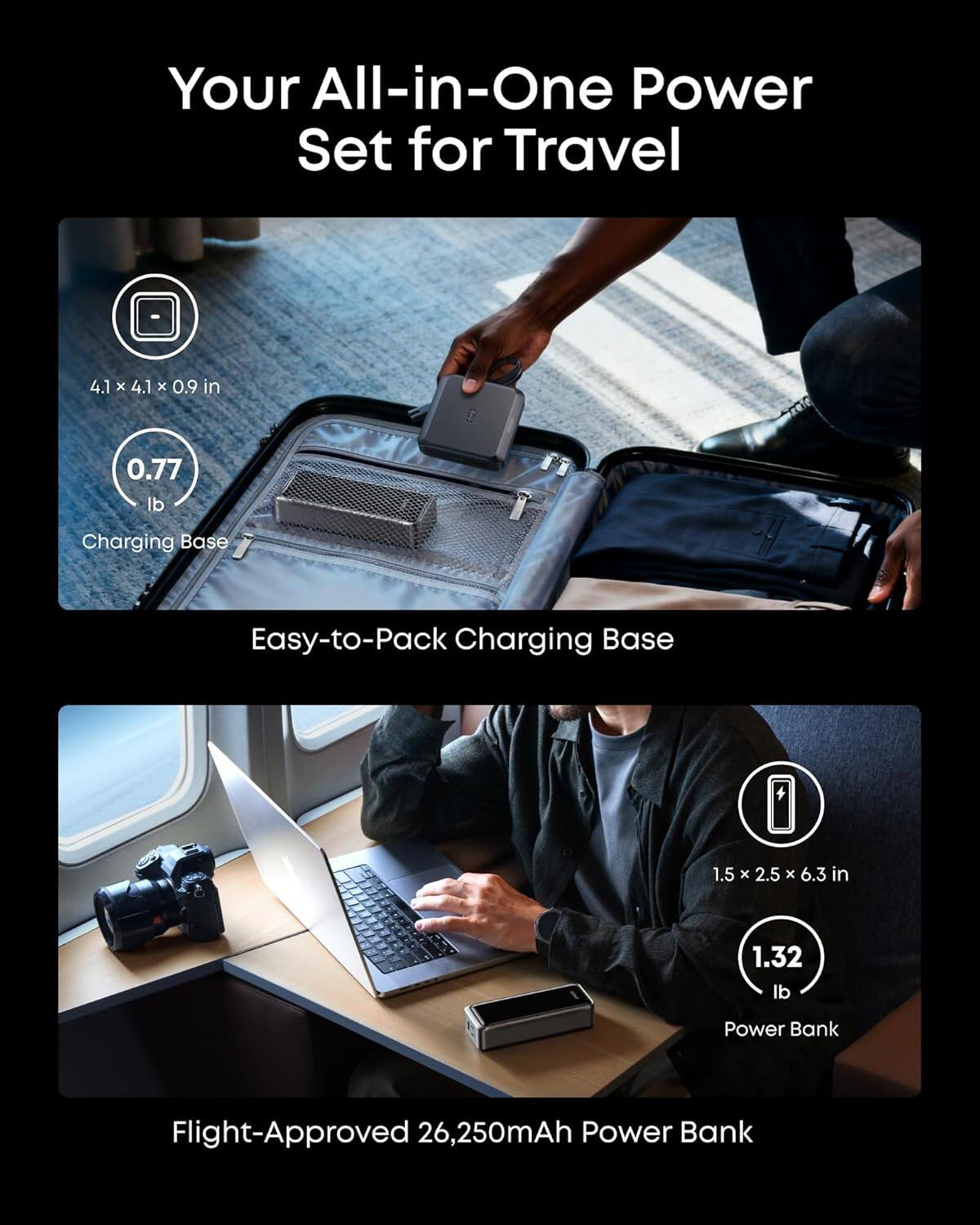 Your All-in-One Power Set for Travel

- Charging Base
  - 4.1 x 4.1 x 0.9 in
  - 0.77 lb
  - Easy-to-Pack Charging Base

- Power Bank
  - 1.5 x 2.5 x 6.3 in
  - 1.32 lb
  - Flight-Approved 26,250mAh Power Bank